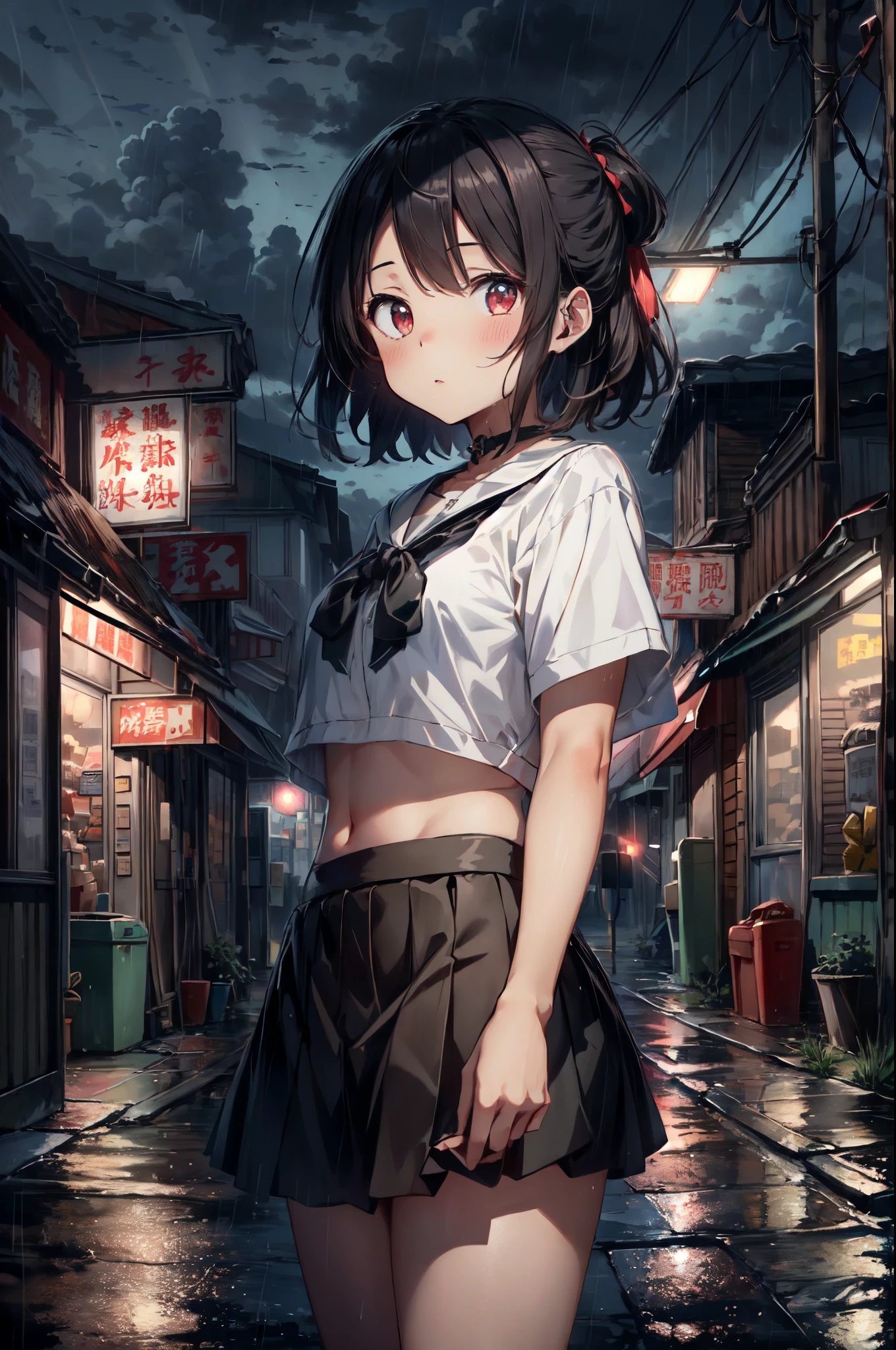 {{{tmasterpiece}}}, {Extremely Delicately Beautiful}, (Alone:1.5), (Best quality:1.2), (超高分辨率, realistically, RAW photos:1.4), 8K, 电影灯光, beautiful light up, profesional lighting, physically-based renderingt, フォトンマッピング, Radio City, Detailed and complex, detailface, Face highlights, Slim, white skinned, largeeyes, 1 sister, , Black hair color long hair, 城市,corner store ,pedestrian walkway, Crop top, (Short shirts,short skirt), Eternal, Medium hair, jewely, look at another, staredown, choker necklace, Dark clouds,Rainy sky,streetlight,