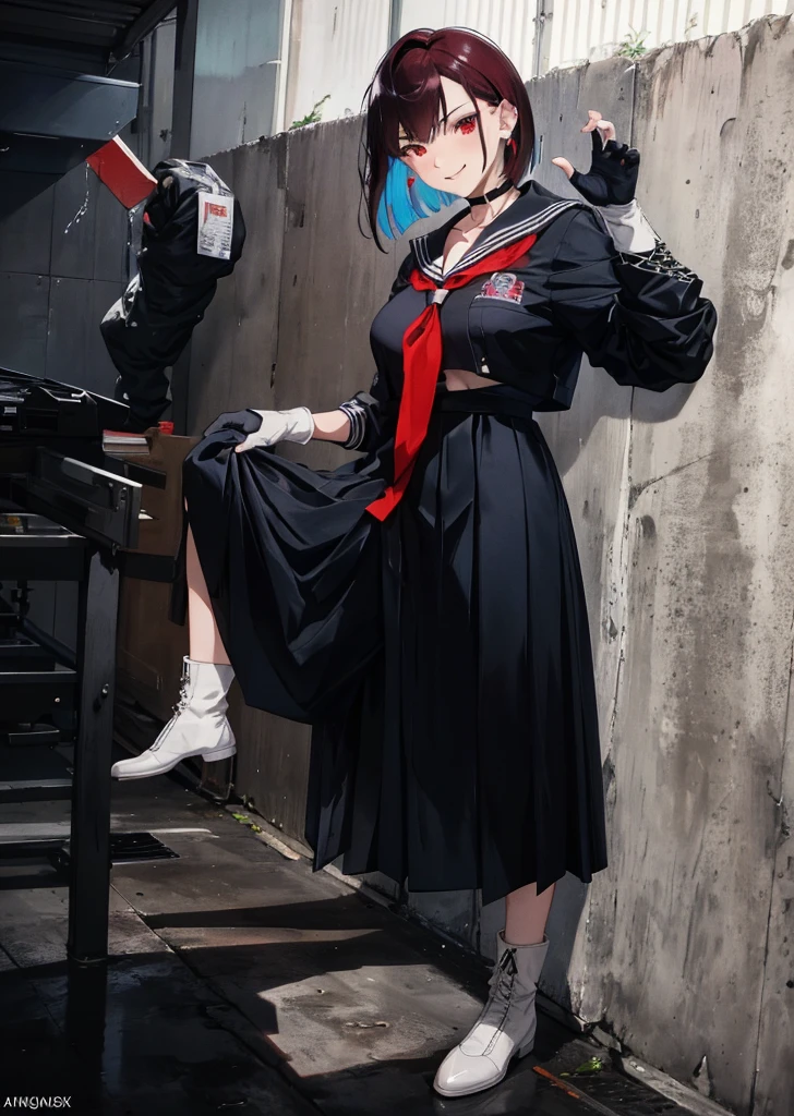 delinquent, (sukeban), mature_female, blush, mature, older woman, 25 years old, Sukeban teacher outfit, (1girl, solo female, solo, solo focus)++++,choker, sukeban school teacher, long_sleeves, open jacket, blue jacket jean, light skin tone female, full body, jacket, biker jacket, tape, arm_support, gloves, red_gloves, bridal gauntlets, nail polish, boots, hioots, black_footwear, fighter outfitfull body, hourglass, mature face, cheeky smile, cheeky face, wrinkles, (red hair, short hair, bob cut, earrings, ear piercings), red eyes, realistic, (fighting art, Martial arts, standing, fighting_stance, fight, fighting), extra colors, 2D, megapixel, perfectionism, accent lighting, full HD , (Masterpiece:1.2), (full-body-shot:1),(cowboy shot:1.2), (Highly detailed:1.2),(Detailed Face:1.2), Colorful, A detailed eye, (Detailed landscape:1.2), (natural lighting:1.2), ((sukeban school teacher)) by Vincent Di Fate: Aidyllery, Anamorphic Shot, , rule of thirds, face by Artgerm and WLOP,