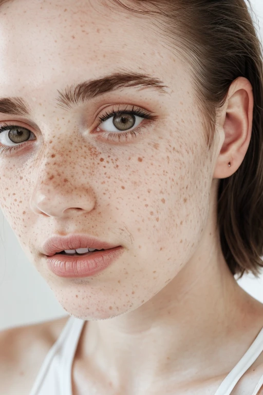 Black and white Portrait of a woman with freckles on her face and a white tank top, white freckles, freckles face, pale freckled skin, freckles, alessio albi, elegant freckles, soft freckles, with freckles, freckles, close-up close-up portrait close-up, light freckles, freckles, sparse freckles