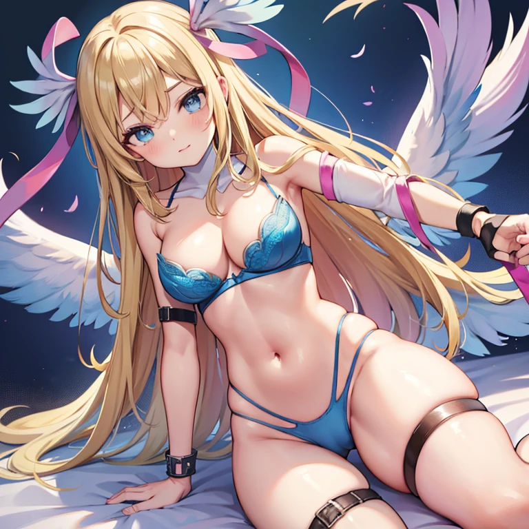blonde hair, blue bra, blue lingerie, blue underwear, long hair, angel wings,large breasts, bare shoulders, elbow gloves, feathered wings, gloves, head wings, navel, pink ribbon, ribbon, single elbow glove, single glove, thigh strap, wings