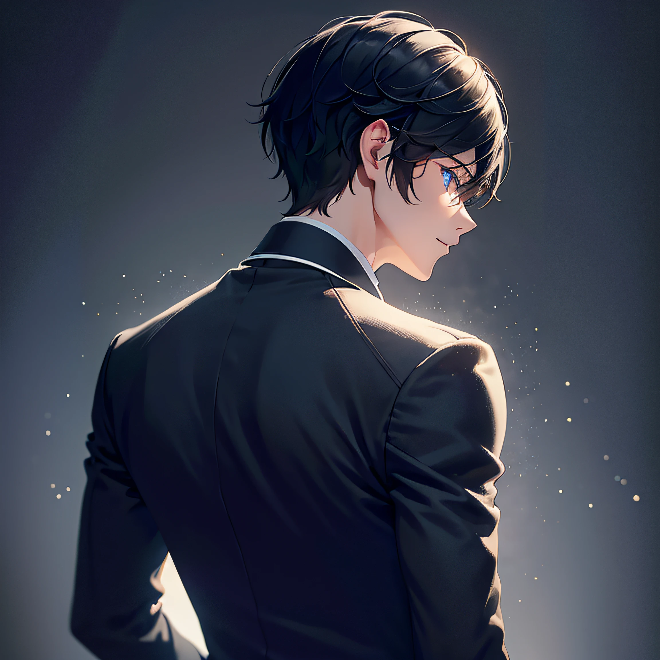 1boy,black hair,blue eye,black suit,white shirt,soft lighting, volumetric lighting, intricate details, hyper detailed,(extremely fine and beautiful), (perfect details),semi side view, from behind