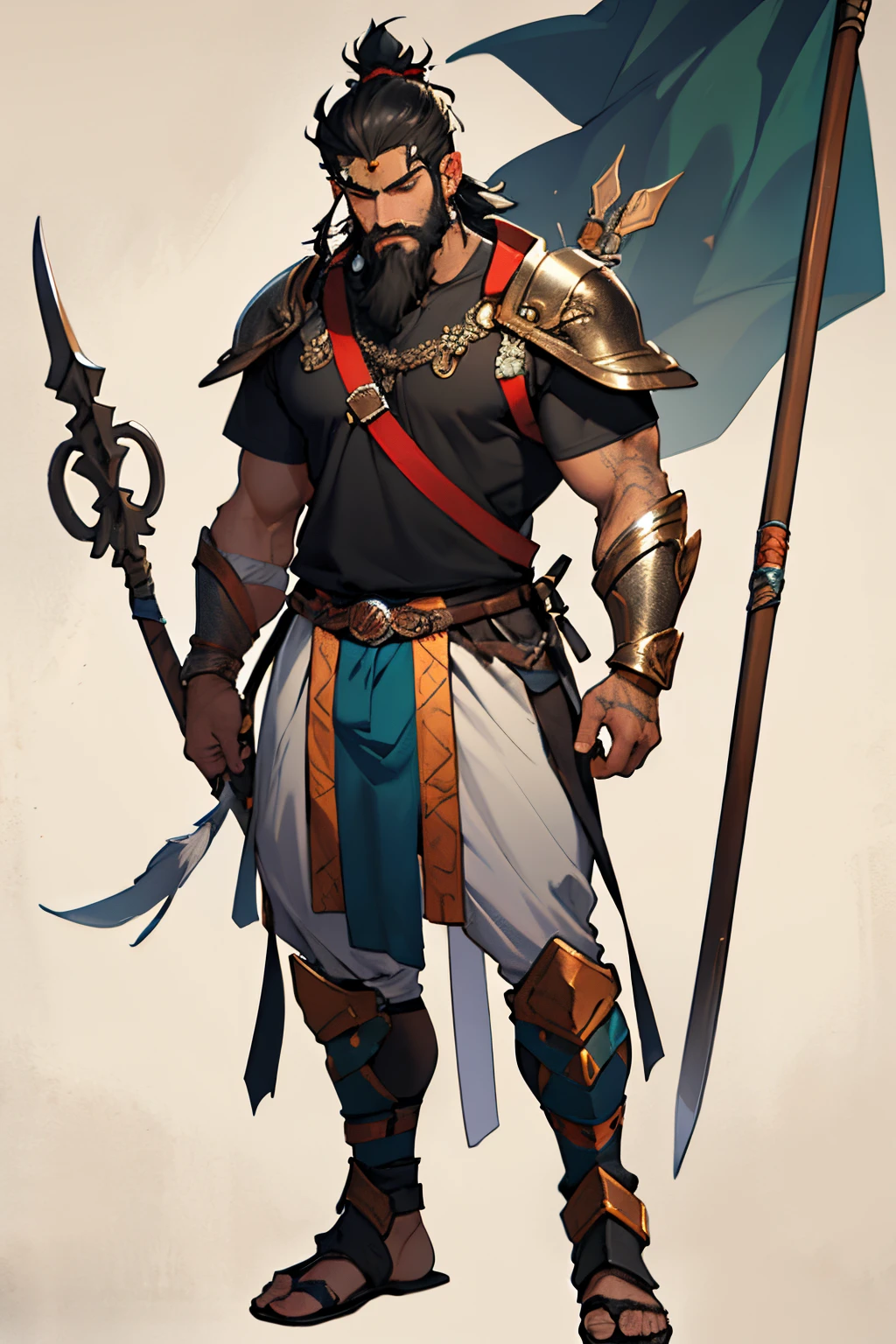 perfect face, anime style, best quality detailing, eyes open.
Indian hindu warrior, man. Indian Man having Mahadev tilak on his forehead, wearing a armor and holding a spear in his right hand. Full body. Face should be detailed and perfect with a indian style beard.
