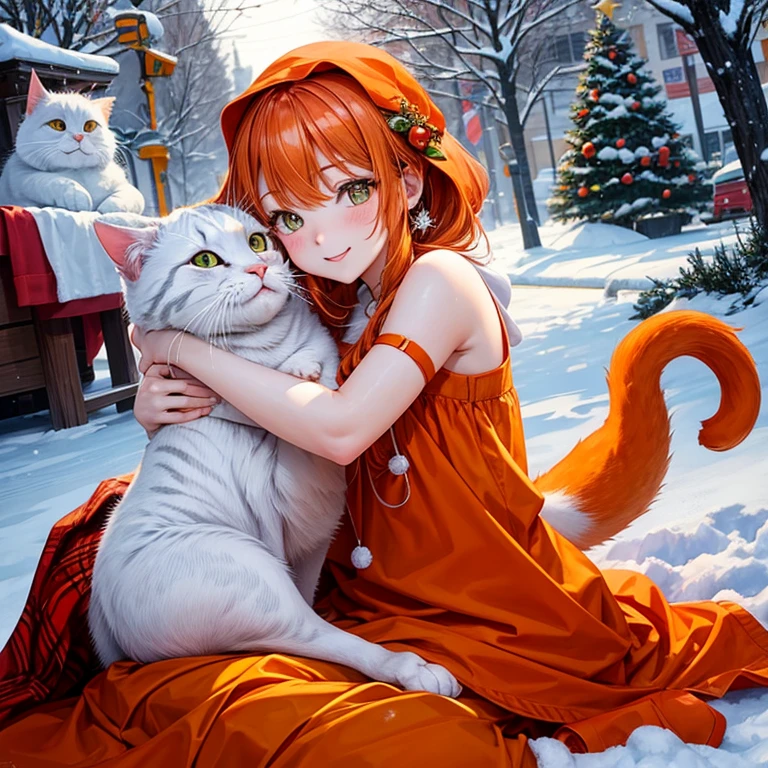 orange cat、Christmas tree、white cat、A beauty personified by an orange cat、Winters
