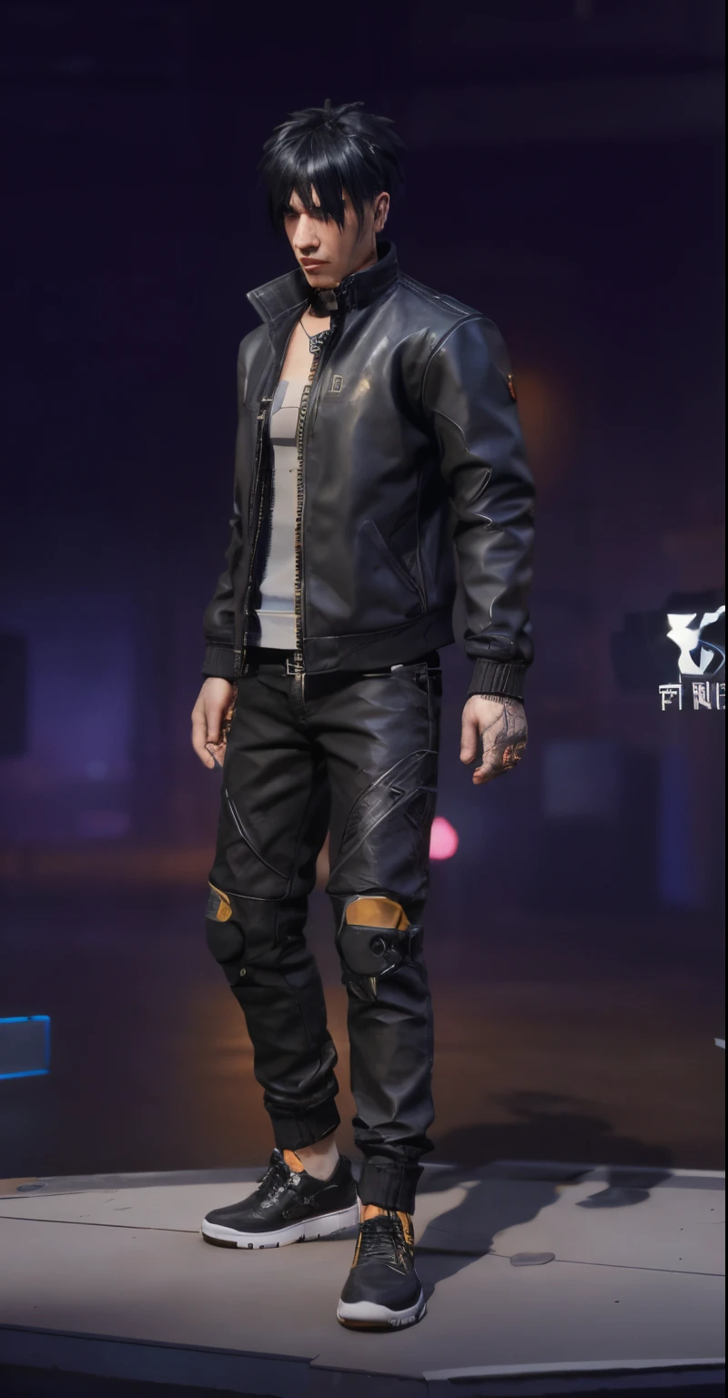 arafed image of a man in a black jacket and black pants, mechanic punk outfit, fashion gameplay screenshot, ingame image, in the style of sifu 🔥 😎 🕹️ 👀 :2, cyberpunk street goon, male character, high detail iconic character, cyberpunk style outfit, full body x-force outfit, 8 k character details