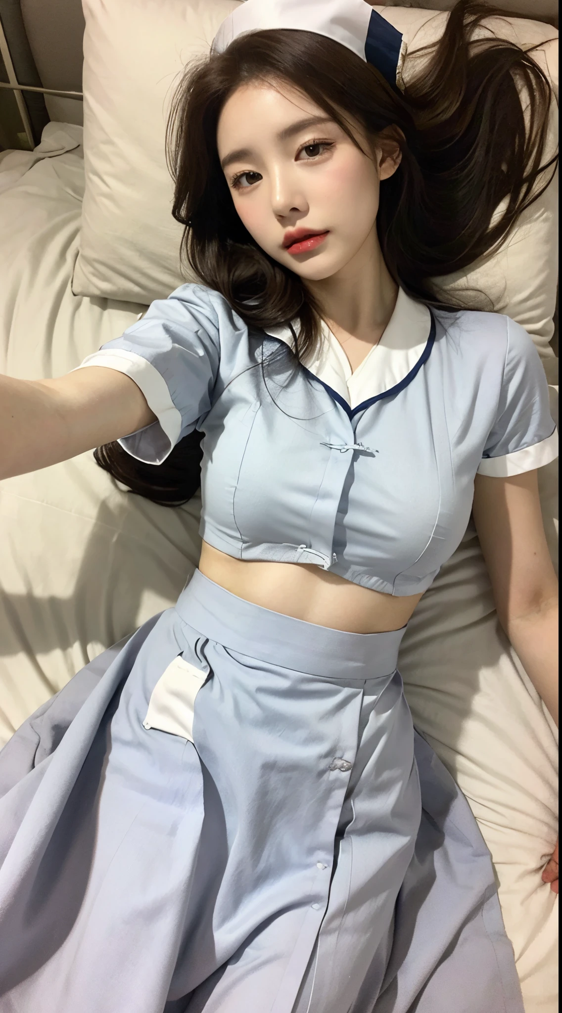 A cute girl is confined and tied up、Beauty、Make your eyes even、Hands are tied with ropes、Inside the hotel room、White short-sleeved shirt、Navy semi-long skirt、Lying in bed、Age 25、Medium build、Like real life、highest quality、