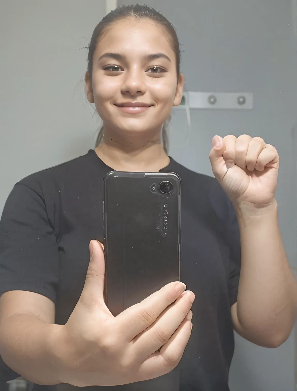 Brazilian girl about 18 years old, wearing t-, smiling, sharp focus, half body