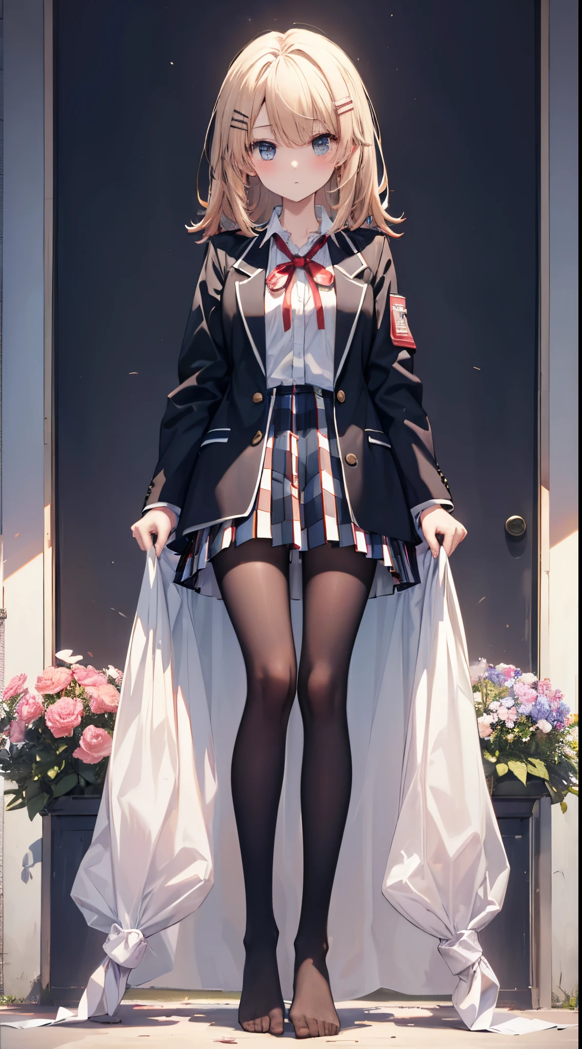highest grade、masterpiece、HDTV、(full bodyesbian)、(frontage)、(bilaterally symmetrical)、A mature and tall Japanese high school girl、soio、(Full body view from head to toe)、(feet without shoes)、(M-shaped legs)、sitting composition、Composition with legs spread and crotch visible、Slightly low angle、(White ruffled panties)、small tits、(Black tights)、(black pantyhose)、(Composition showing white panties)、A very beautiful and tall 17 year old girl.、(I'm not wearing shoes)、(bangss)、Unkempt hair、(hair clips)、pale blush、Looking at the camera、slender leg、 High School Uniform Blazer、High School Uniform White Blouse、high school uniform blue ribbon、High school uniform plaid and navy pleated skirt
