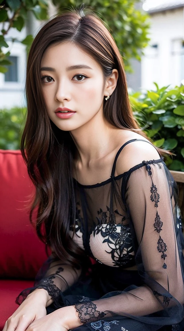 dark brown hair、Light brown eyes、The face of the Japan actress、 Lady、looks like him'i'i'i'i'i'i'i'i'i'i'i'i'I'm about 40 years old、(intricate-detail:1.2)、(top-quality:1.4)、 (超A high resolution:1.2)、超A high resolution、(A detailed eye)、(detailed facial features)、nffsw、8K resolution、D-cup size breasts、length hair、i'i'i'i'i'i'i'i'i'i'i'I'm sitting comfortably on a sofa on the quiet terrace of a cafe..、Relaxing、Leaning on the backrest、black floral tops 、skirt by the 、