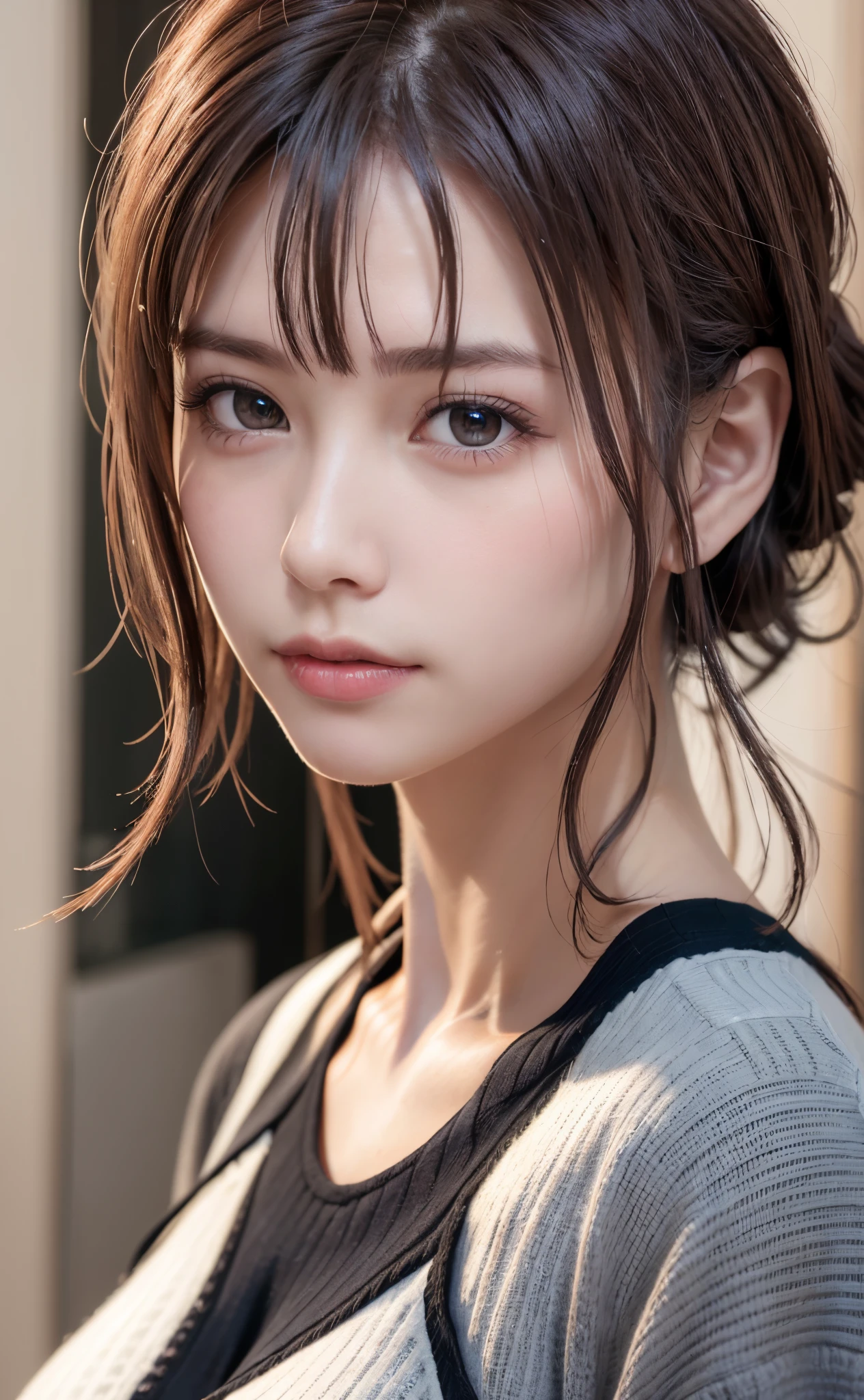 (8K, Photorealistic, Raw photo, of the highest quality: 1.3), (1girl in), Super beautiful, (Realistic face), (boyish, Silver Color Berry Shorthair), Beautiful , Glare that captivates the viewer, Beautiful expression, Beautiful breasts, (Realistic skin), Be...