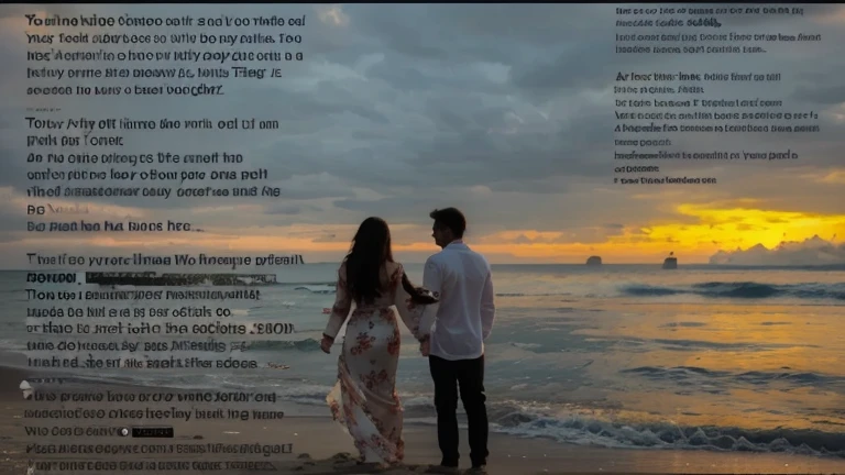 there is a man and woman standing on the beach holding hands, sunset , very poetic, poetry, ((oversaturated)), tumblr, dawn, 2029, 2025, edge of nothingness love, poetic, poetical, dusk, 2 0 2 3, 2023, remove the text, 3d, white dress, white long sleeves, sunset at the beach