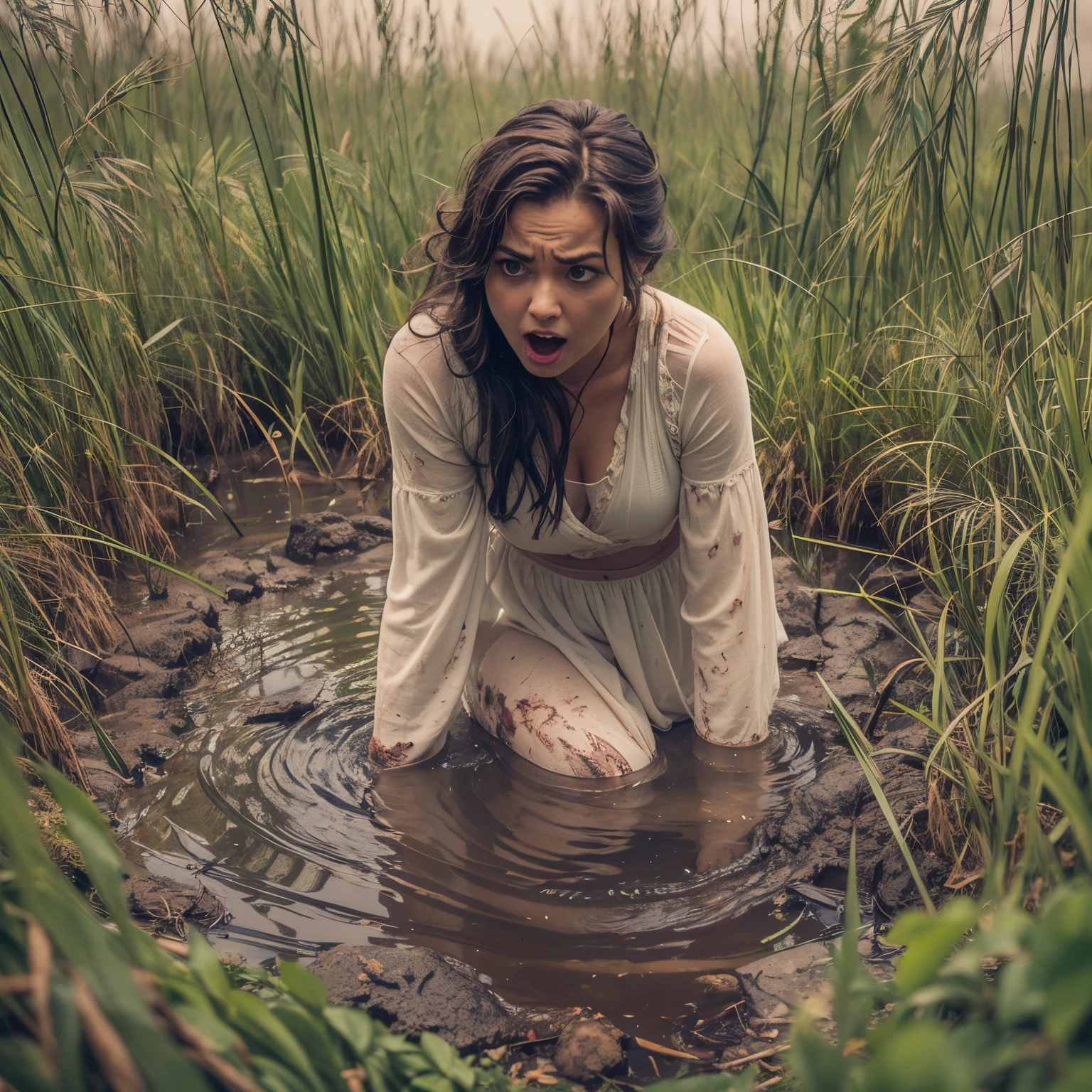 The woman, kneeling in a muddy puddle, her head tilted back in a horrified expression, as if she is sinking into a bog and drowning. It is surrounded by reeds, which sways in the wind, creating dark shadows, that are moving, Like antennae, on muddy water. The woman's white dress is becoming tainted and stained with the mud. In the distance, tall trees stand watch silently. The woman's eyes are wide with panic, Her mouth is open, It's like she's screaming, yet no sound comes forth