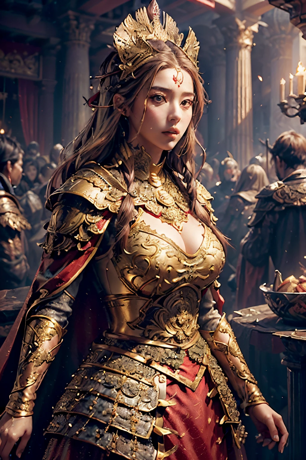 ((masterpiece))), (((best quality))), ((ultra-detailed)), (hyperrealistic), (highly detailed CG illustration), cinematic light, photorealistic ,extremely beautiful young lady, light makeup, big breast,  intricate detailed eaba, red cape, spear