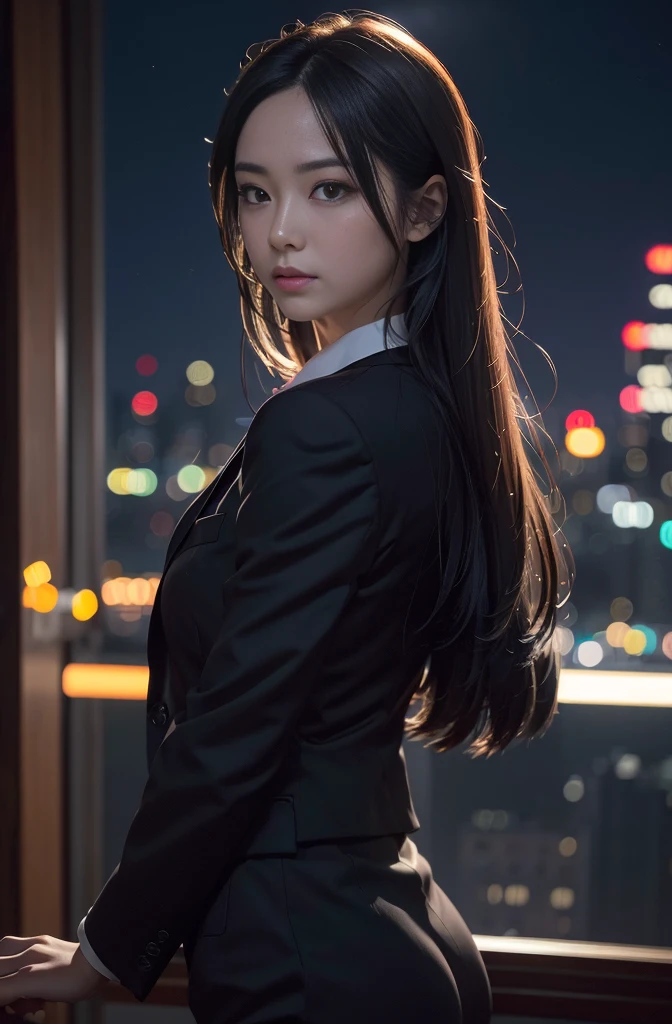 (Photoreal Stick:1.4, masutepiece:1.4, 8K), top-quality, masterpiece, 超A high resolution, Perfect dynamic composition, Professional camera work, Grow Light Effect, Mystical portrait, Cinematic Light, Highly detailed skin and facial texture:1.3, The ultra-detailliert, Detailed hands and fingers, A detailed eye, Calm, Totally captivates you, in a business suit, night view at night