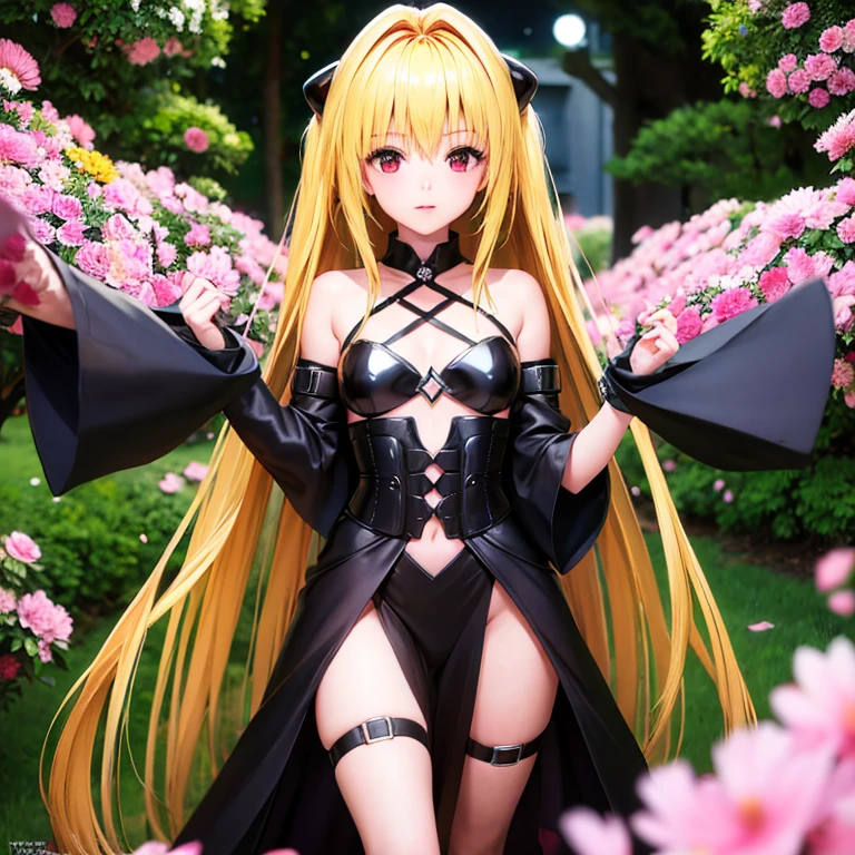 (Surreal girl:1.2), ((18-year-old girl)), blond hairbl，ruby eyes，Eyes as bright as jewels，Gentle smile，Whole body reflection, single body, watching the future,against a wall， standing on your feet，Crossed waist with one hand， (The kinky is exposed), bends his kneelond hairbl)), middlebreast:1.7, ((outside，surrounded by flowers，)), hyper realisitc, 电影灯光, (rendering), Ray traching，tightly dress，Starry sky print，cross reins，halter neck，cropped shoulders，Wide sleeves，Sleeves on the wrists，Leg ring on the left leg，Facing the viewer，Long hair shawl，hair adornments，ruby eyes，Eyes as bright as jewels，