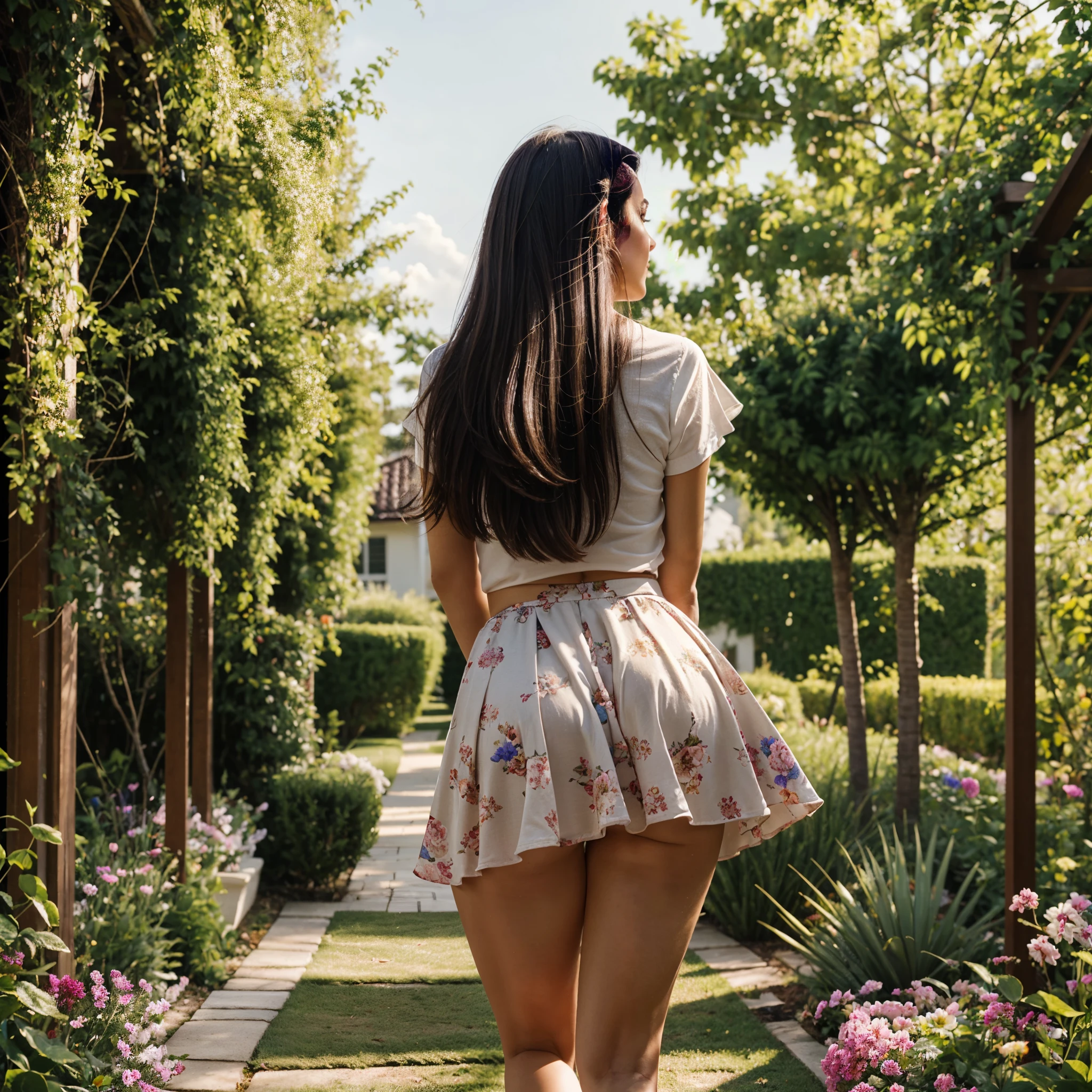 The hair floats gracefully in the air, catching the light and creating an ethereal glow. sexy silhouette, long loose hair in the wind. Hair moved by the wind. (1woman:1.5), The background is a garden filled with vibrant flowers, adding pops of color to the scene. The artistic style is (realistic), capturing every minute detail of the girl's appearance. Lighting is natural and soft, illuminating the lady's figure with a gentle, flattering glow, upskirt, photorealistic, seen from below, view from behind. flat-upskirt.