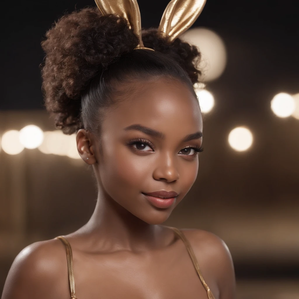 ((Dark African skin, Very deep ebony skin)), ((Its beauty  undeniable)), ((Excited cute face)), ((Hyper detailed perfect eyes,)), ((pose mignonne)), ((Langue sortie)), ((Seductive )), sexy, ((one piece golden swimsuit)), ((traditional gold bunny suit)), ((bunny earow tie)), ((bare shoulders, strapleslushinascara, smokey eye makeup, lipstick)), ((Afro ponytail with long African curly hair,)), (( peau)), ((mirror selfie)), ((confident pose)), ((show ass)), ((The Hague, modelling, black background)), ((bunny ears)), Sharp Focus CGI, photoreallistic, High detail, Realstic, Masterpiece, absurdes, Best quality, Hdr, High quality, high-definition, Extremely detailed, 8k wallpaper, Intricate details, 8K UHD, Full-HD, (photo realist:1.2), contraste, intense illumination, lighting cinematic, natural lighting, veilleuse, Nuit, Illumination globale, Laughing out loud, a la piscine African women、Female sexy, the hague