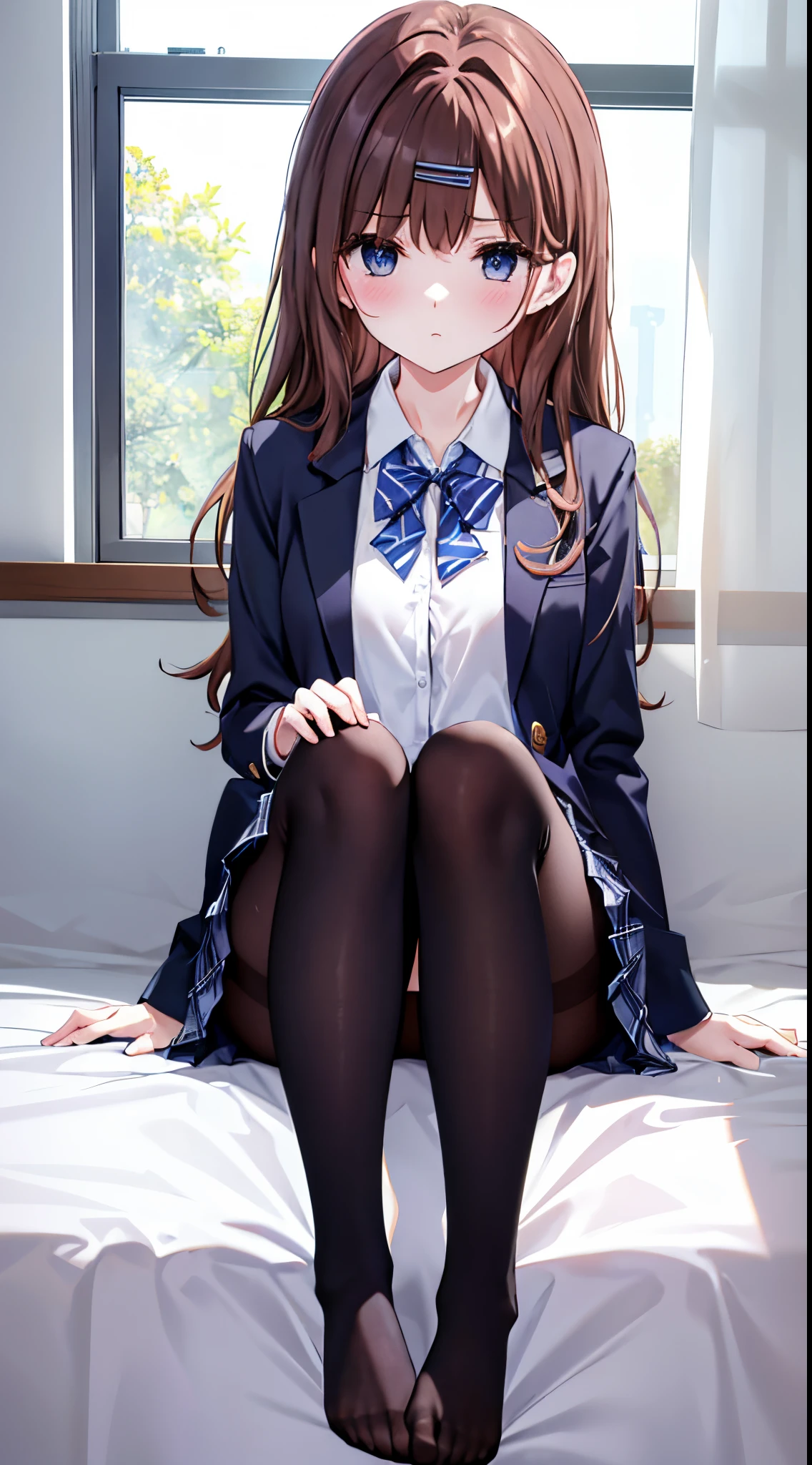 highest grade、masterpiece、HDTV、(full bodyesbian)、(frontage)、(bilaterally symmetrical)、A mature and tall Japanese high school girl、soio、(Full body view from head to toe)、(feet without shoes)、(M-shaped legs)、sitting composition、Composition with legs spread and crotch visible、Slightly low angle、(White ruffled panties)、small tits、(Black tights)、(black pantyhose)、(Composition showing white panties)、A very beautiful and tall girl.、(I'm not wearing shoes)、(bangss)、Unkempt hair、(hair clips)、pale blush、Looking at the camera、slender leg、 High School Uniform Blazer、High School Uniform White Blouse、high school uniform blue ribbon、High school uniform plaid and navy pleated skirt