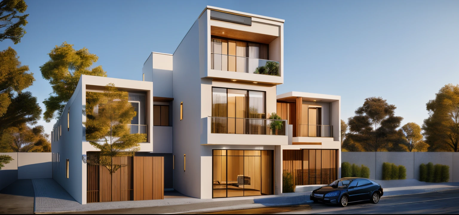 rendering of a modern residential townhouse, professional render, wide angle exterior 2023, highly detailed render, high quality rendering, realistic render, architectural render, high-quality render, detailed rendering, hyper-realistic render, hyper - realistic render, very realistic 3 d render, high render, realistic rendering, very realistic render