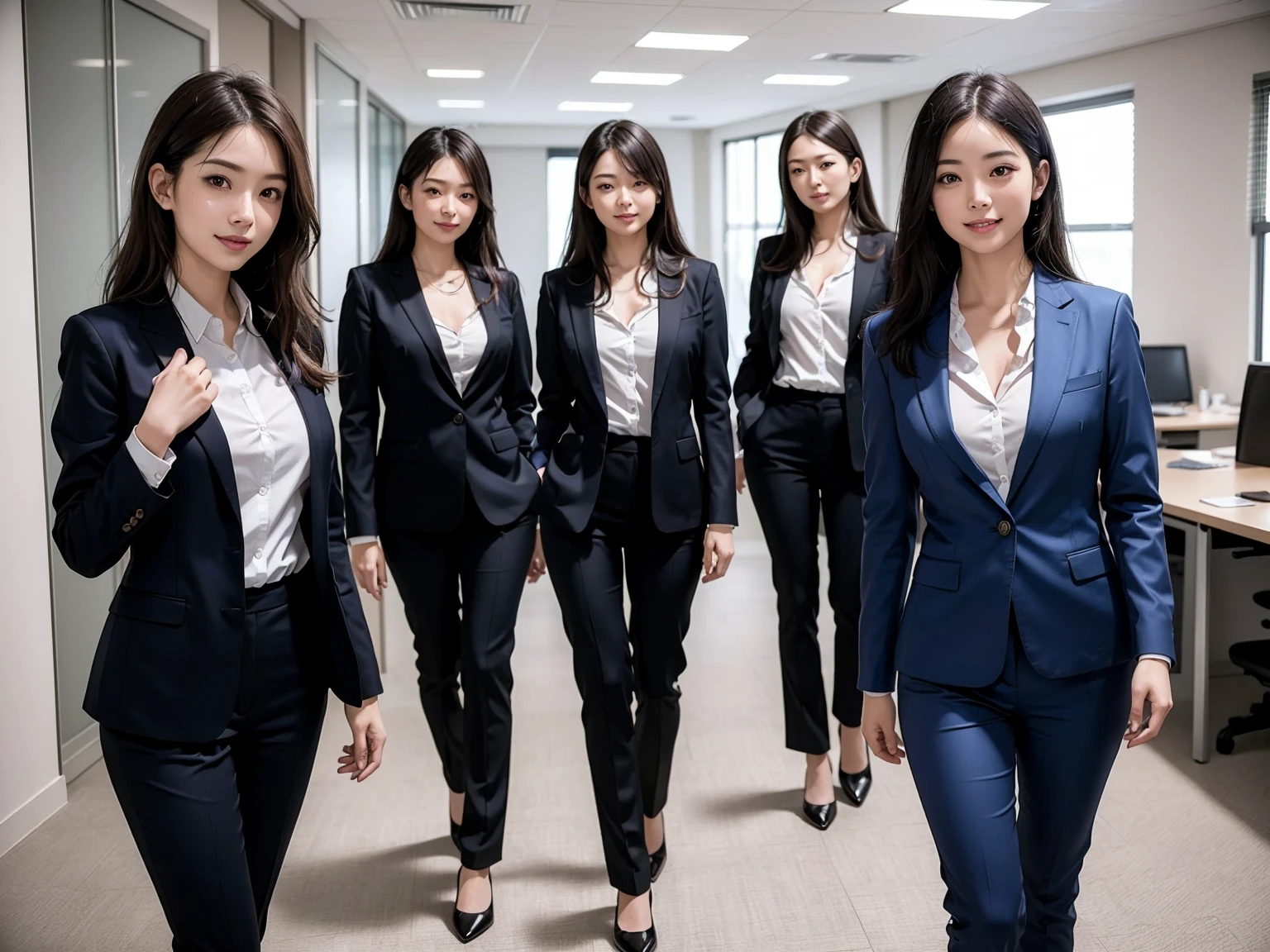 (Masterpiece), (8K, Photorealistic, RAW Photography, Best Quality: 1.4), Japan, Beautiful Face, (Realistic Face), (Medium Hair:1.3), Realistic Eyes, Beautiful Eyes, Attractive, Ultra High Definition, Ultra Realistic, High Definition, Beautiful Japan woman, grey suit, open jacket, ((jacket)), office lady, suit, ((pants)), (modern office indoors), desk, detailed face, long hair, group picture, multiple girls, 4girls, looking at viewer, ((smile)), (white shirt), (open shirt)