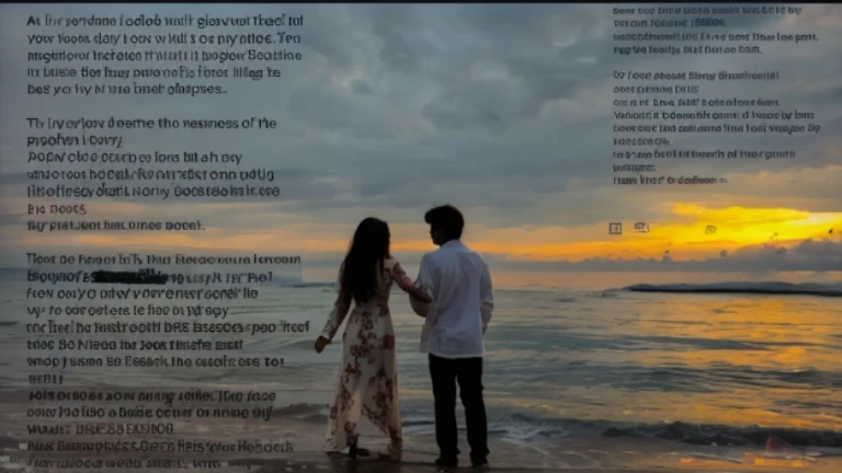 there is a man and woman standing on the beach holding hands, sunset , very poetic, poetry, ((oversaturated)), tumblr, dawn, 2029, 2025, edge of nothingness love, poetic, poetical, dusk, 2 0 2 3, 2023, long white dress, white long sleeves, sunset at the beach, remove the text, 3D