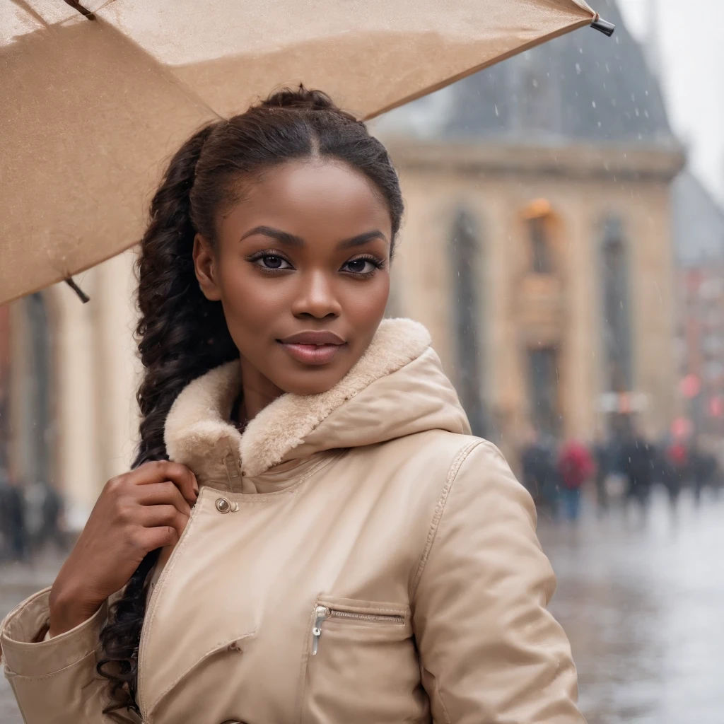 ((Dark African skin, Very deep ebony skin)), ((Its beauty undeniable)), ((Excited cute face)), ((Hyper detailed perfect eyes,)), ((pose mignonne)), ((Langue sortie)), ((Seductive )), sexy, ((beige warm winterjacket, jeans, umbrella)), ((Afro ponytail with long African curly hair,)), (( peau)), ((debout, vue de face)), ((toucher ses propres jambes dans une pose sexy)), ((The Hague, heavy rain, Ville publique, people in the background)), Sharp Focus CGI, photoreallistic, High detail, Realstic, Masterpiece, absurdes, Best quality, Hdr, High quality, high-definition, Extremely detailed, 8k wallpaper, Intricate details, 8K UHD, Full-HD, (photo realist:1.2), contraste, intense illumination, lighting cinematic, natural lighting, veilleuse, Nuit, Illumination globale, new years eve, Laughing out loud, a la piscine African women、Female sexy, the hague