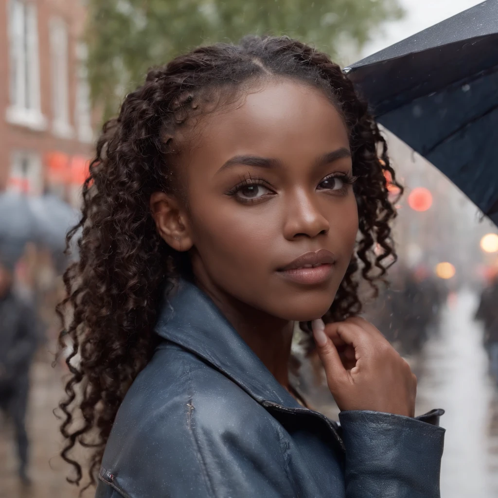 ((Dark African skin, Very deep ebony skin)), ((Its beauty undeniable)), ((Excited cute face)), ((Hyper detailed perfect eyes,)), ((pose mignonne)), ((Langue sortie)), ((Seductive )), sexy, ((beige warm winterjacket, jeans, umbrella)), ((Afro ponytail with long African curly hair,)), (( peau)), ((debout, vue de face)), ((toucher ses propres jambes dans une pose sexy)), ((The Hague, heavy rain, Ville publique, people in the background)), Sharp Focus CGI, photoreallistic, High detail, Realstic, Masterpiece, absurdes, Best quality, Hdr, High quality, high-definition, Extremely detailed, 8k wallpaper, Intricate details, 8K UHD, Full-HD, (photo realist:1.2), contraste, intense illumination, lighting cinematic, natural lighting, veilleuse, Nuit, Illumination globale, new years eve, Laughing out loud, a la piscine African women、Female sexy, the hague