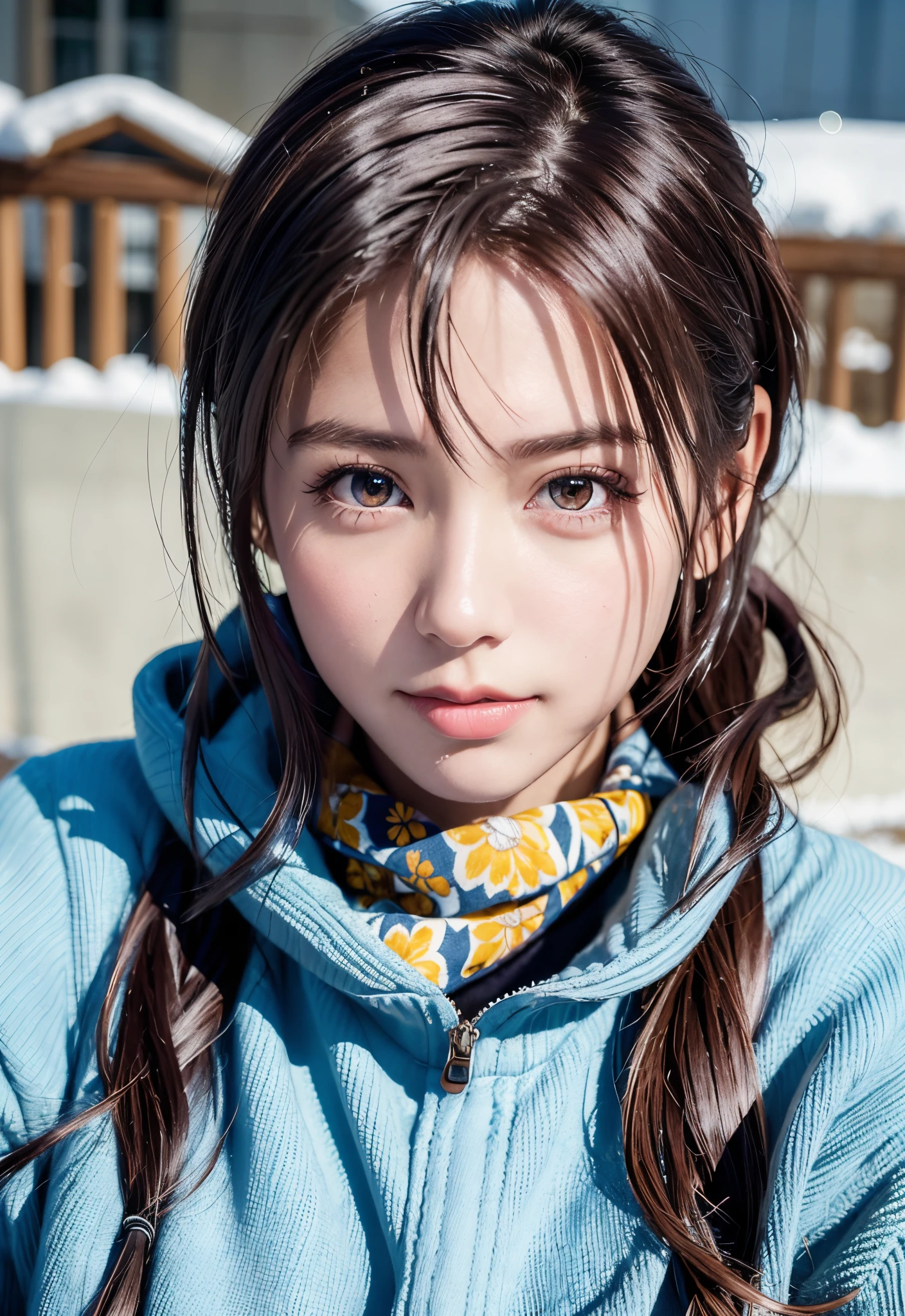 8K, of the highest quality, masutepiece:1.2), (Realistic, Photorealsitic:1.37), of the highest quality, masutepiece, Beautiful young woman, Pensive expression,、A charming、and an inviting look, skiing、snowboarder、Ski Wear, Hair tied back, Cinematic background, Light skin tone、Ski Resort Background