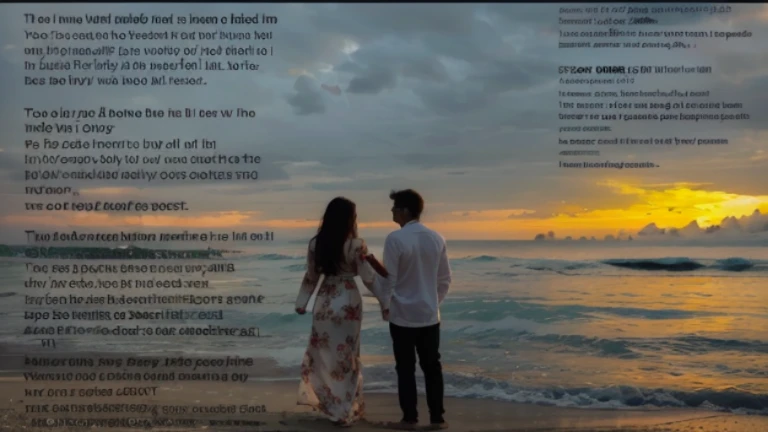 there is a man and woman standing on the beach holding hands, sunset , very poetic, poetry, ((oversaturated)), tumblr, dawn, 2029, 2025, edge of nothingness love, poetic, poetical, dusk, 2 0 2 3, 2023, long white dress, white long sleeves, sunset at the beach, remove the text, 3D. Clear skies, clear beach