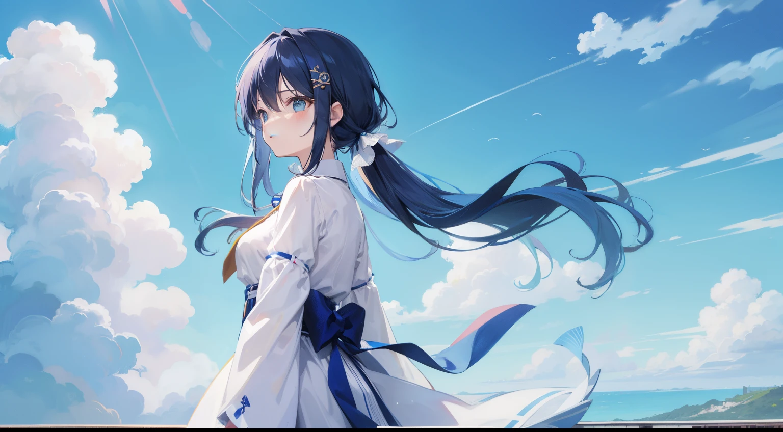 bustup、length hair、blue open sky、Into the cloud