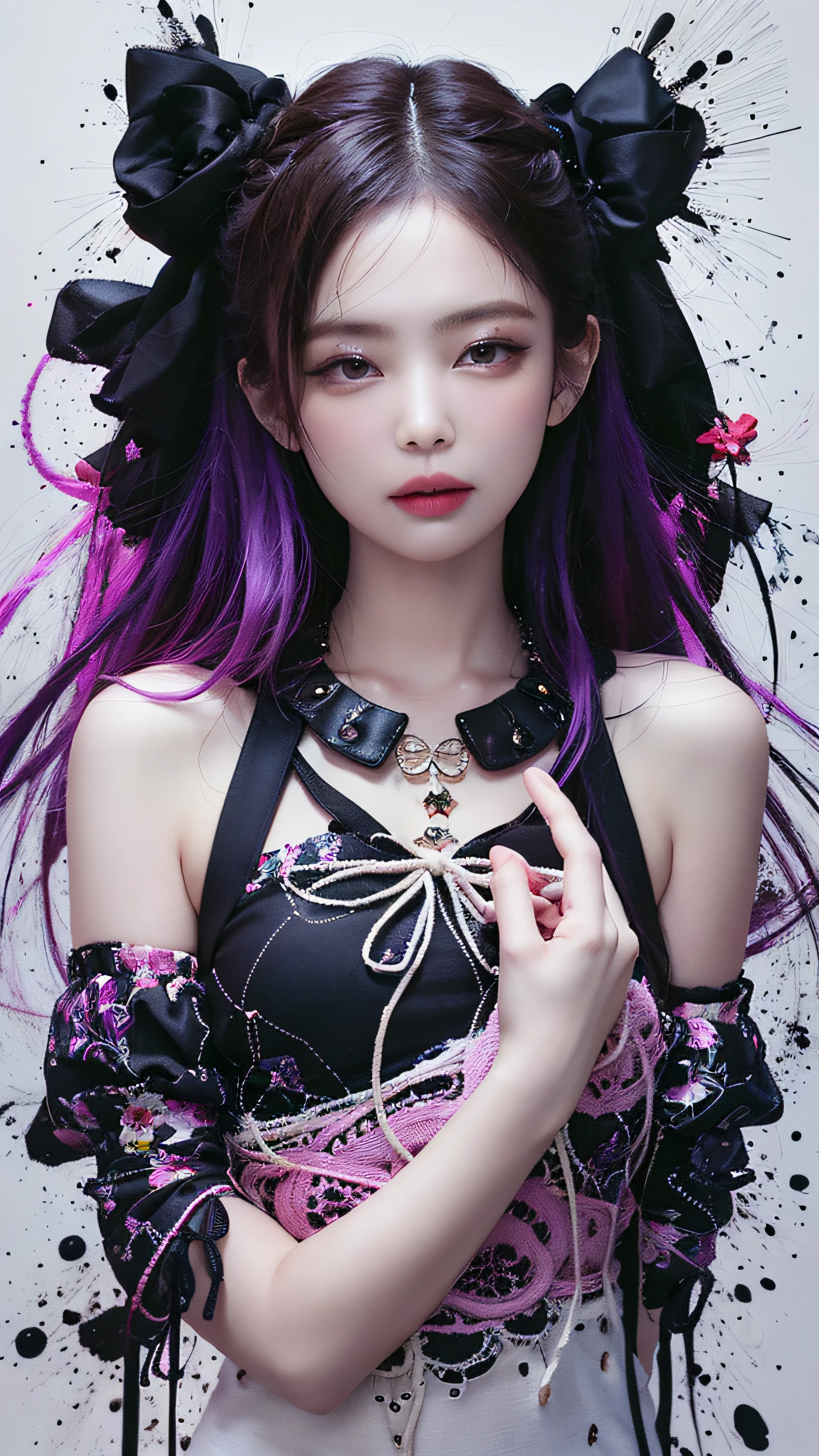 (Masterpiece, Best Quality, High Resolution), White Background, ((Paint Splash, Color Splash, Splash of Ink, Color Splash)), Sweet Chinese Girl, Rainbow Hair, Pink Lips, Front, Upper Body, Jennie Kim,