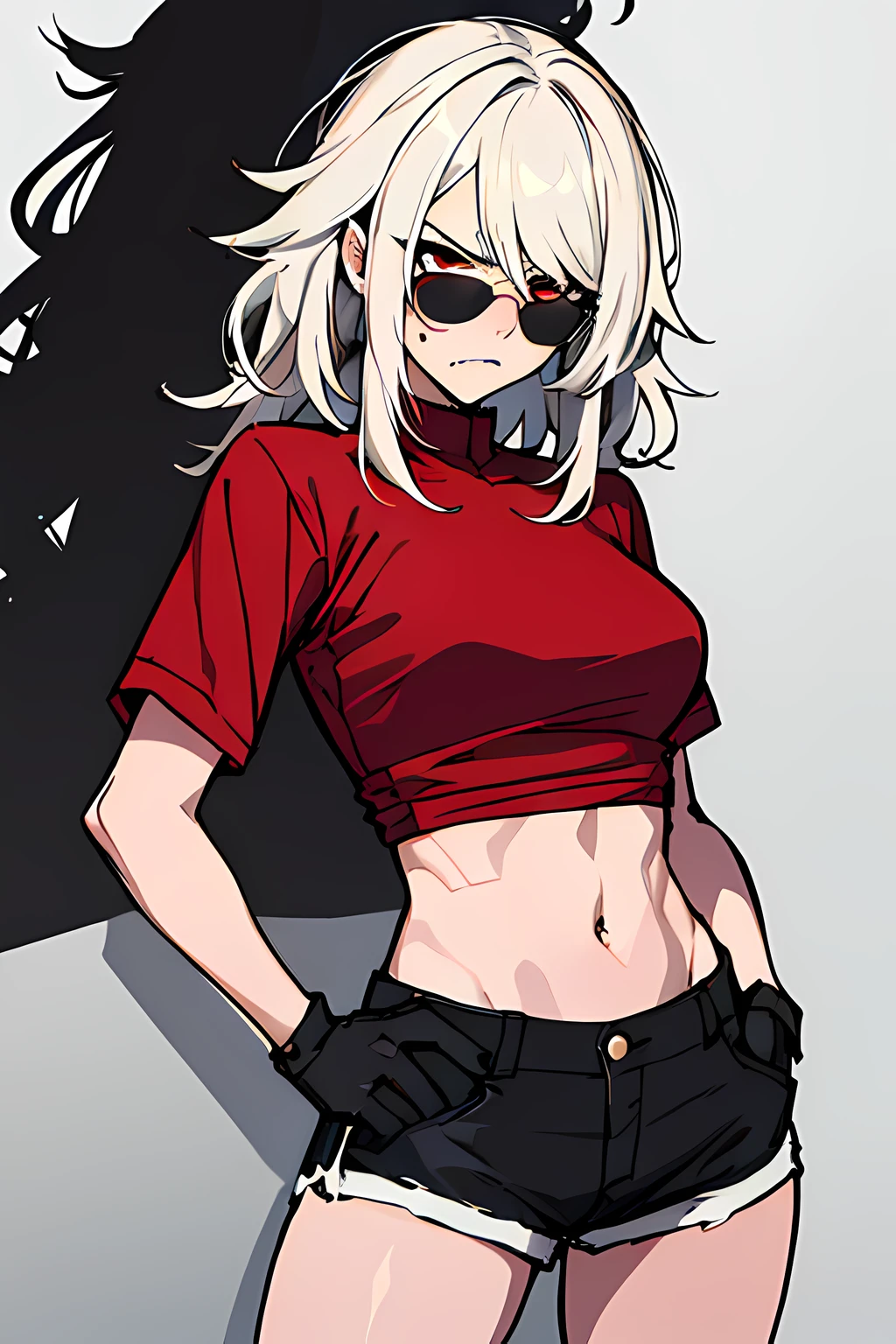 (absurdres, 8k, 4k, masterpiece, hyper extreme detailed:1.2), solo, 1girl, portrait, best quality, expressive eyes, perfect face, 1girl, portrait, solo, Female, mature female, messy hair, white hair, medium bust, swept bangs, side bangs, messy hair, long hair, hair covering forehead, perfect anatomy, warrior, angry, annoyed, sunglasses, shorts, disgusted, red eyes, looking forward, forward view, shirts, perfect eyes, scars, pissed off, angry, mad, bloody, gloves, red shirt, medium hair, half body, perfect anatomy, city background, hand on hip,