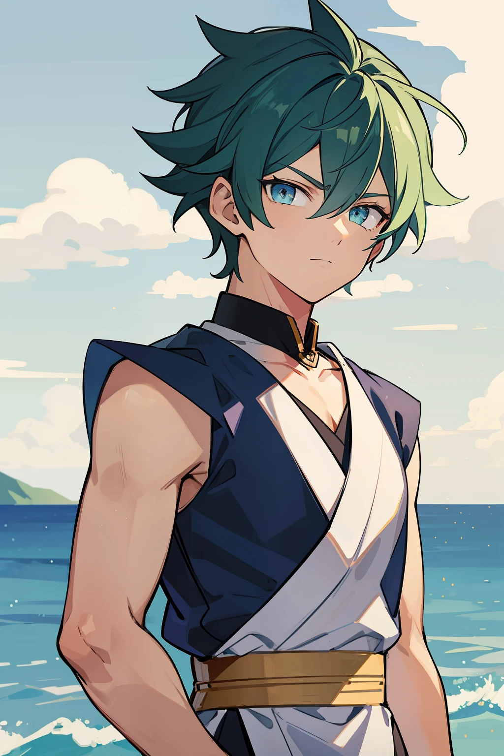 (high-quality, breathtaking),(expressive eyes, perfect face) 1boy, male, solo, young teen, medium blue hair, green coloured eyes, stylised hair, gentle smile, medium length hair, loose hair, side bangs, curley hair, really spiky hair, spiked up hair, looking at viewer, portrait, ancient greek clothes, blue black and white tunic, white Chlamys, sleeveless, greek, blue and gold sash, ocean background, laurel accessory, slightly narrow eyes, masculine face, masculine eyes