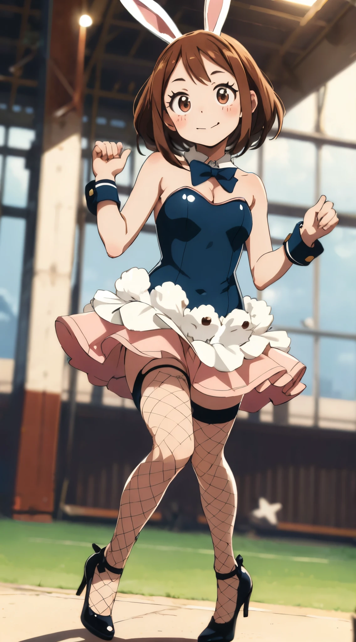 ochaco_uraraka, 1girl, solo, blush_stickers, looking_at_viewer, light smile, standing, cloudy_sky, (bunny), strapless leotard, fishnet, bunny ears, detached collar, wrist cuffs, high heels, highly detailed, masterpiece, high res, illustration