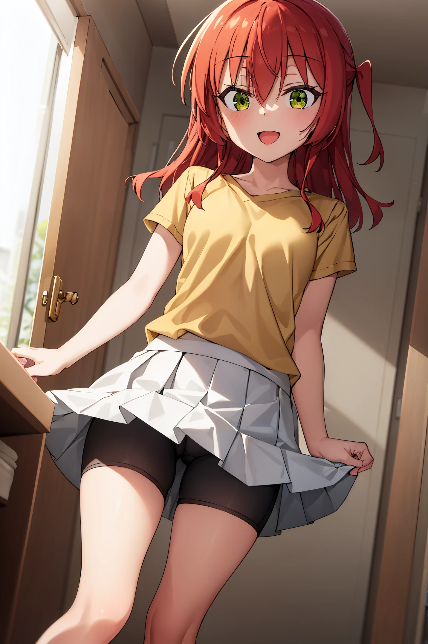 Room, 1 girl, best quality, ultra high res, long hair, red hair, green eyes, yellow shirt, short sleeves, white skirt, pleated skirt, miniskirt, bike shorts, bike shorts under skirt, looking at viewers, small breast, standing, pov, slim body, li body, small body, smile, open mouth