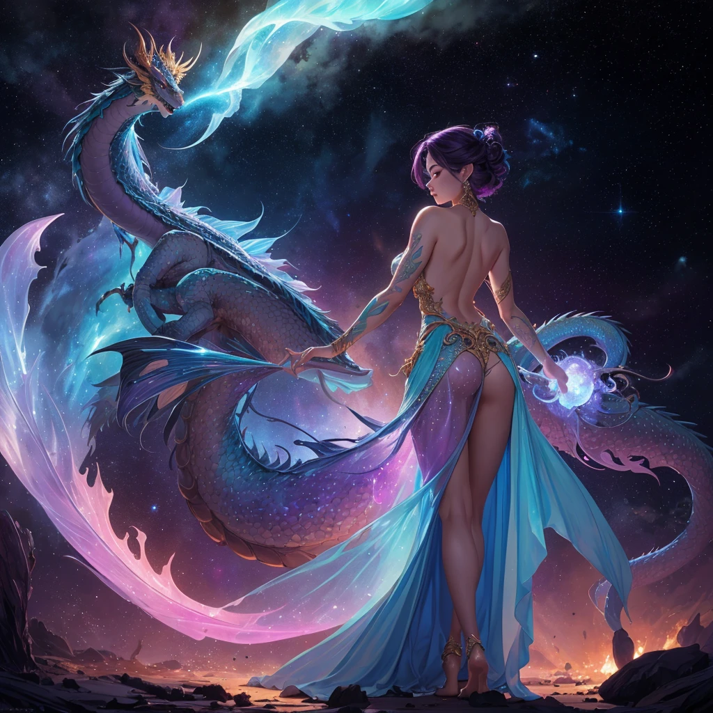 Full length wide angle view Beautiful nebula of exploding gemstone iridescence colors Malaysian goddess with a dragon tattoo on her back, backless dress and full skirt, ethereal lighting, intricate details, fantasy, digital painting, cinematic, mythical creature, by J. Scott Campbell and Lois van Baarle, high resolution