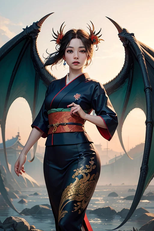 A girl in traditional Japanese clothing, wearing a beautiful kimono, with intricate patterns and vibrant colors. She has delicate features and graceful movements that capture the essence of Japanese culture. Her eyes are bright and full of curiosity, reflecting the rich heritage of her ancestors. Her lips are adorned with a hint of a smile, radiating warmth and kindness.

In the background, a majestic dragon soars through the air, its scales shimmering in shades of deep red and gold. The dragon's mighty wings unfurl, casting a shadow on the girl and the surrounding landscape. Its presence symbolizes power, wisdom, and protection.

The vibrant flames of a fire dance to the rhythm of the wind, creating a mesmerizing display of light and heat. The flames flicker and swirl, casting a warm glow on the girl's face and illuminating the intricate details of her kimono. The fire represents the passion and resilience of the Japanese people, burning bright even in the face of adversity.

The artwork is created using a medium of traditional Japanese painting techniques, blending the precision of brushstrokes with the depth and richness of colors. It captures the essence of Japanese culture, highlighting the beauty of its traditions and the strength of its spirit.

With (best quality, 4k, highres, masterpiece:1.2), every detail is rendered with ultra-detailed precision. The image is brought to life with realistic textures and vivid colors, immersing the viewer in the enchanting world of Japanese culture.

The overall color palette is a harmonious blend of vibrant reds, deep golds, and subtle hints of cool blues and greens. This color scheme adds depth and dimension to the artwork, enhancing the visual impact and bringing out the beauty of the Japanese cultural elements.

The lighting is soft and warm, mimicking the gentle glow of lanterns that dot the Japanese landscape. It casts subtle shadows, adding depth and dimension to the scene. The interplay of light and shadow enhances