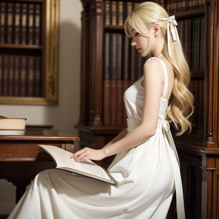 A beautiful girl side view with a head clip ribbon and blonde hair and wearing a white dress and she was in the library looking at the books ultra realistic