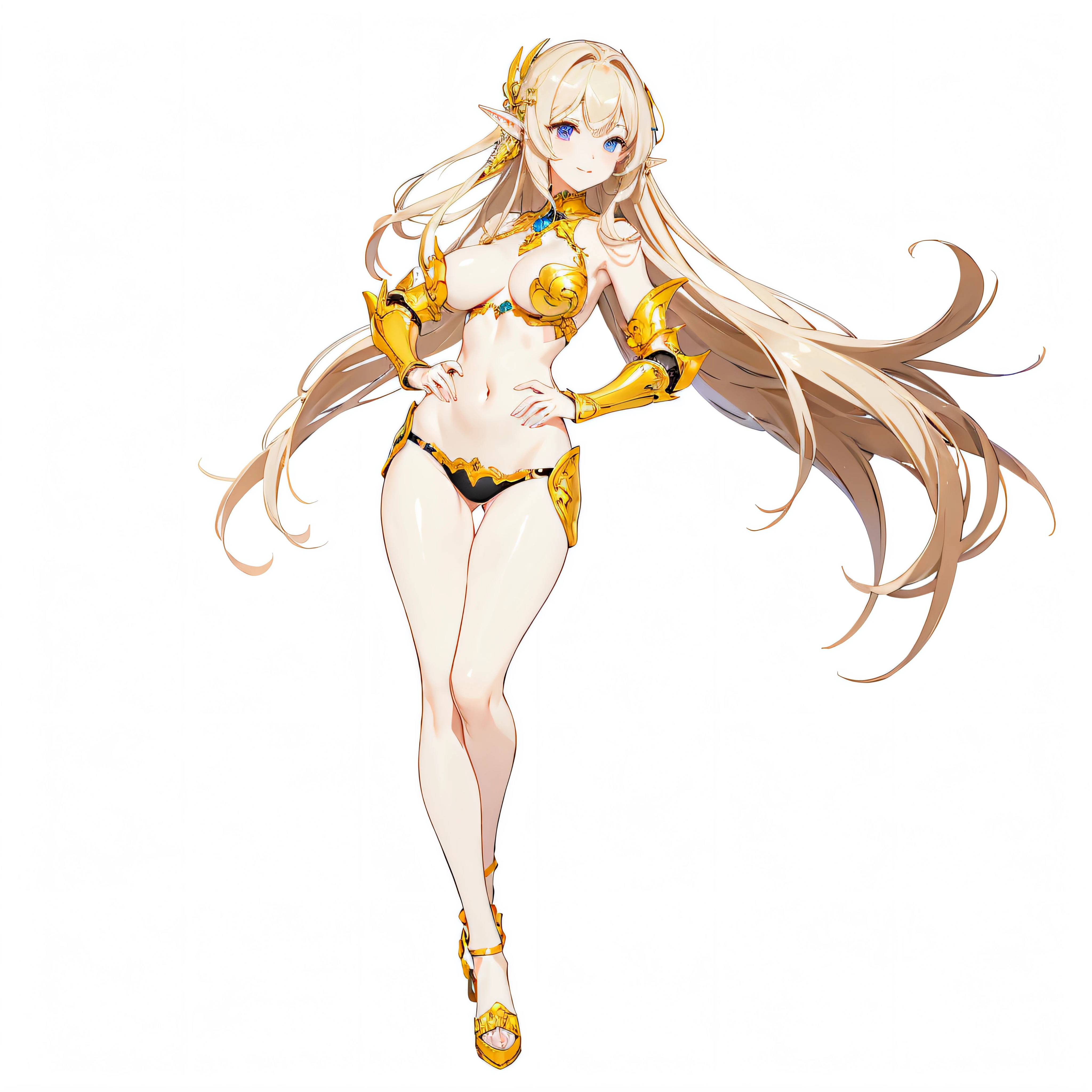 masterpiece、top-quality、ighly detailed、hight resolution、16k、fullnude、Teetoob proportions、golden armour、Very thin skirt、Black pants、Very white skin、Beautiful fingers、Anime girl with very big breasts posing naked、Perfect Style、elvish、no-bra、Blonde blue-eyed、A smile、An elf girl、slim the contours