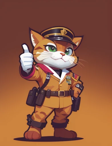 Wearing commander&#39;s clothes，Cat wearing commander hat giving thumbs up, Mascot illustration,anthropomorphic cat, macho pose, com mascot,full body mascot,comic character design, high quality character design