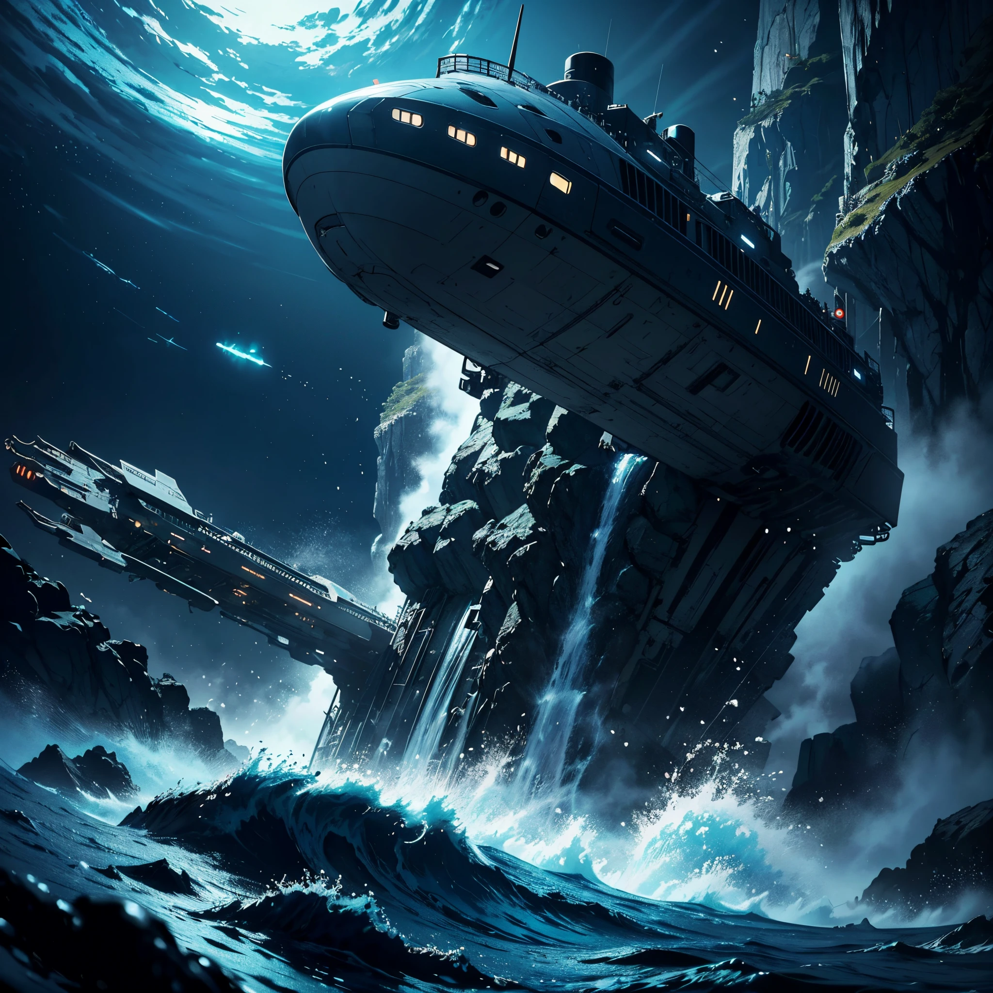 a nuclear submarine in the bottom of the ocean slinking forward in the deep bellows of the sea in very dark blue and silvery colors, cinematic and stunning full of suspense, shiny and metalic dlsr 8k artstation award winning, ultra hd, realistic, vivid colors, highly detailed, UHD drawing, pen and ink, perfect composition, beautiful detailed intricate insanely detailed octane render trending on artstation, 8k artistic photography, photorealistic concept art, soft natural volumetric cinematic perfect light