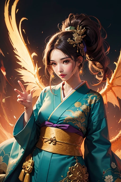 "Japanese culture girl, dragon, fire. Traditional Japanese clothing, beautiful kimono, intricate patterns, vibrant colors, delicate features, graceful movements, bright detailed eyes, beautiful detailed lips. Majestic dragon, deep red and gold scales, powerful wings, symbol of power, wisdom, and protection. Vibrant flames, mesmerizing display of light and heat, passion, and resilience. Traditional Japanese painting techniques, precise brushstrokes, rich colors. (best quality, 4k, highres, masterpiece:1.2), ultra-detailed, realistic textures, vivid colors. Harmonious color palette, vibrant reds, deep golds, subtle hints of cool blues and greens. Soft and warm lighting, gentle glow, lantern-like ambience."
