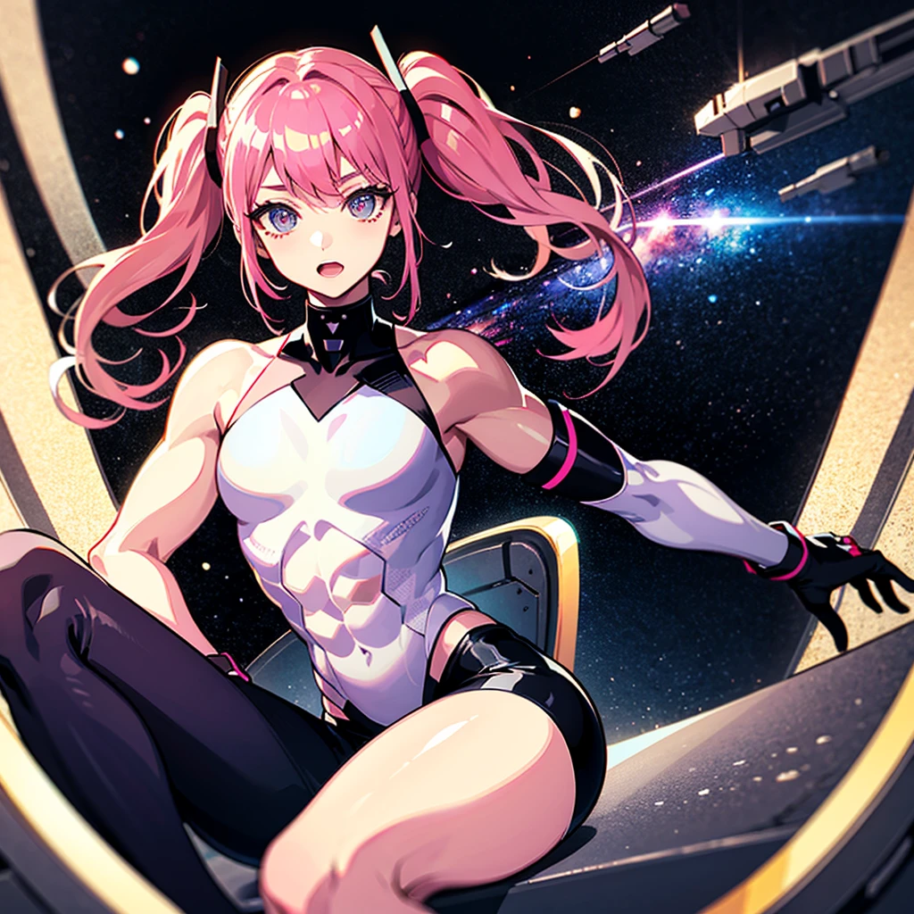 (((masterpiece)))、(((Top image quality)))、(((top-quality)))、((Illustration of one adult))、full bodyesbian、((25-years old))、((25-years old))、(((The face is a woman、The body is a man)))、(((Twintails with pink hair)))、Light gray eyes、((Tall))、((Flat))、((Muscular strong man's body))、((Muscular strong man's body))、(((solid chest)))、((muscular chest plate))、abdominals、((muscular and thick arms))、((muscular and thick legs))、((manspreading))、(((White pilot suit)))、((Sitting in the cockpit))、(The Universe on the Monitor、Earth seen from space、Spaceport)