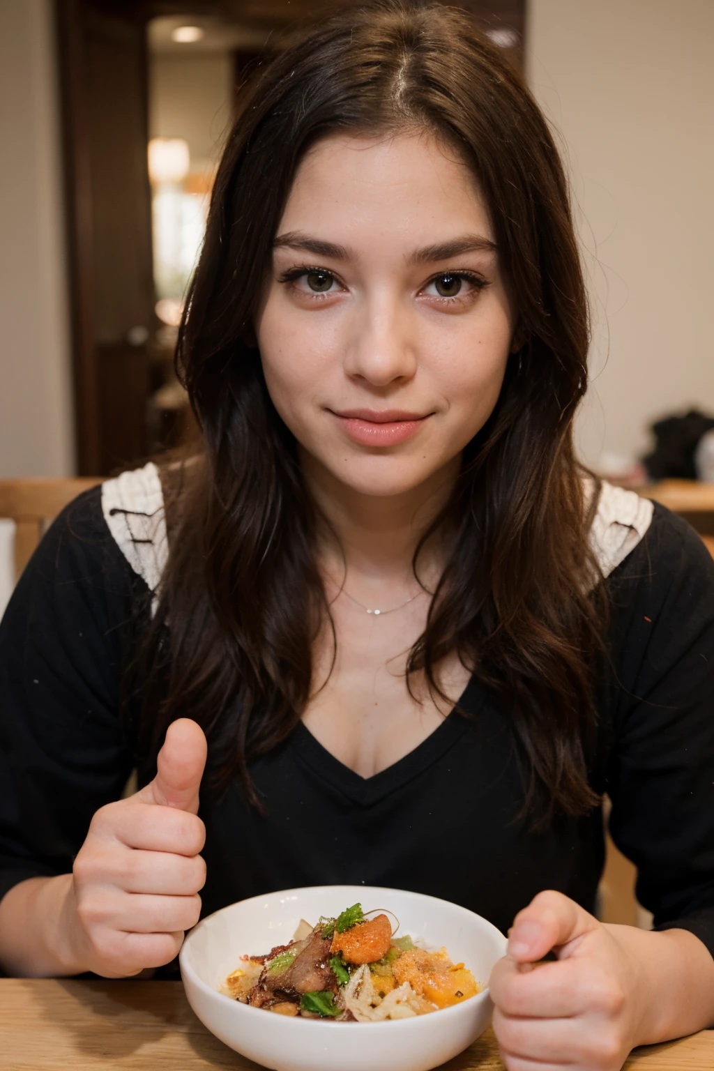 A person taking a bite of food with wide eyes and a thumbs-up