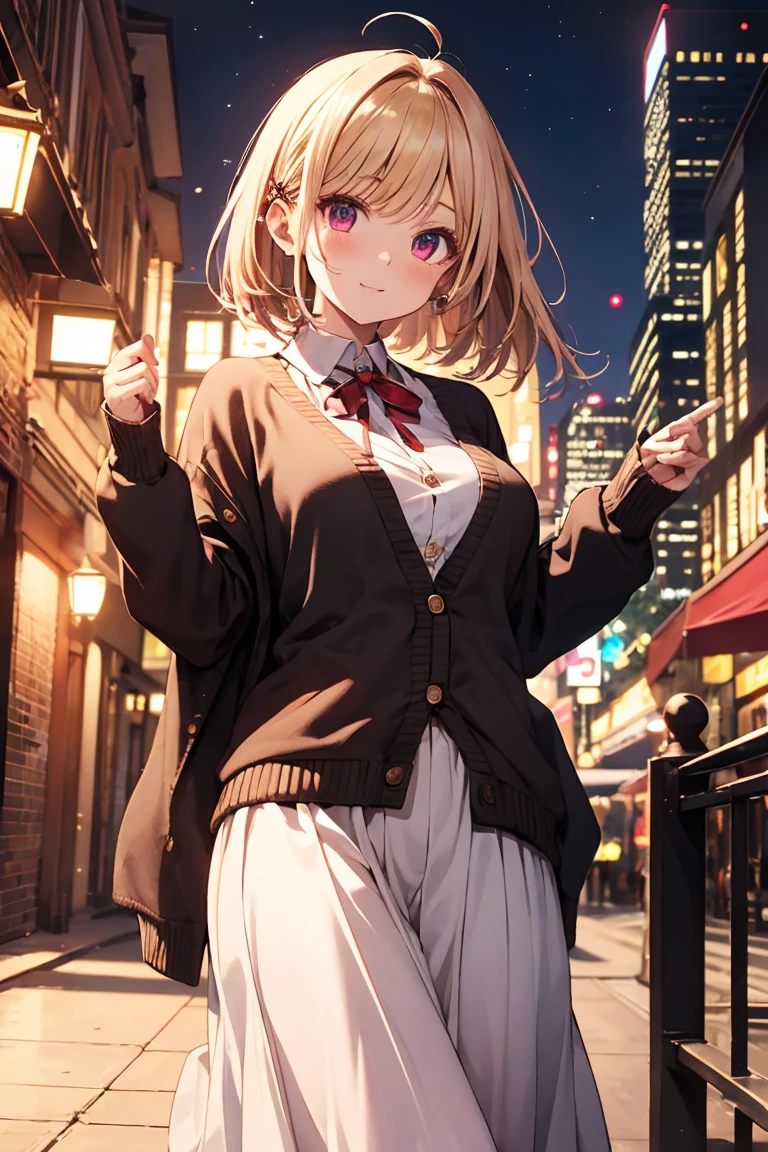 masterpiece, absurdres, best quality, ultra detailed, high Resolution, detailed illustration, cel anime, (sfw), 1girl, (li), cute face, detailed face, magenta eyes, cute eyes, sparkling eyes, big eyes, medium breasts, perky breasts, pointy breasts, medium hips, glamorous body, Surprised, BREAK, long bob cut, (blonde hair:0.7), messy hair, detailed hair, BREAK Cardigan, knit sweater, long skirt, tiny ribbon, xmas date, real world, natural lights, perfect lighting,