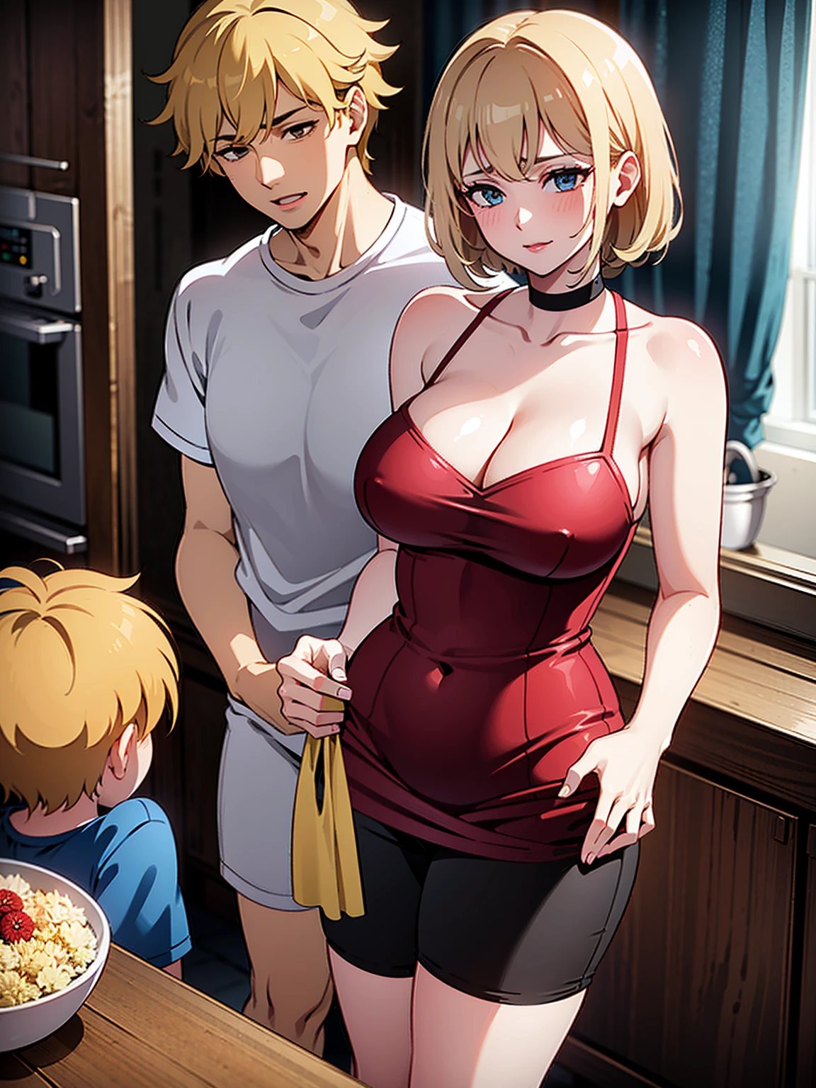 A mom seducing her young son, European 60 year old milfs with their young son with blonde and brown hair, best quality:1.4), (ultra highres:1.2), (8k, RAW photo:1.2), laurenalexis, (1mom, 1son), the mom is showing off their curves, bending over seductively, wearing sexy outfits and short shorts, with their young son, clear eyes, a mom and her young son