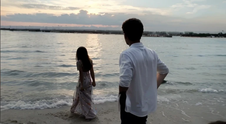 Sunset at the beach, long dress, white polo, boy looking at the girl, disney pixar, 3D, sunset orange