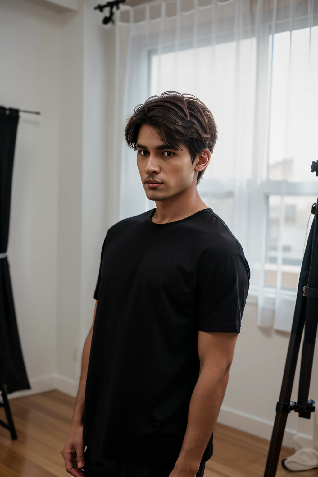 A realistic portrayal of a man with a fair complexion, short hair, donning a premium quality black oversized t-shirt, engaged in a professional photoshoot for a clothing brand. Capture the half-body view, focusing solely on the t-shirt, set in an aesthetic studio environment with attention to detail on the fabric's texture, Photography, using a high-quality DSLR with a 50mm lens, f/2.0 aperture