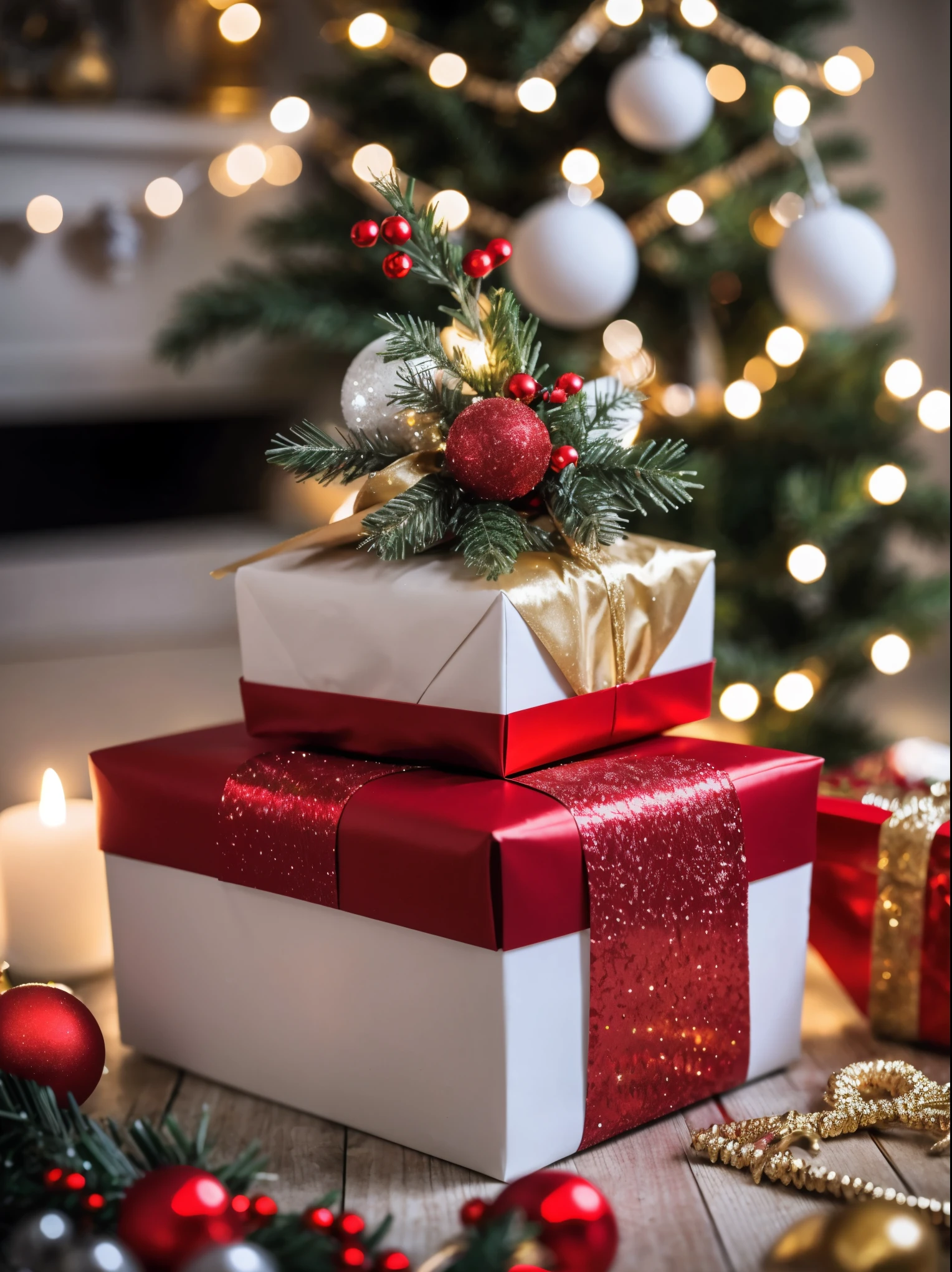 (best quality,4k,8k,highres,masterpiece:1.2),ultra-detailed,realistic,gifts,table,Christmas tree,decorations,wrapping ,bows,ribbon,presents,holiday spirit,vibrant colors,warm lighting,cozy atmosphere,toys,cards,candles,snowflakes,joyful,celebration,exquisite details,exciting surprises,shiny ornaments,sparkling tinsel,beautifully wrapped,excited children,anticipation,festive mood,magical ambiance,delightful moment,wonderful memories,family gathering,cheerful faces,Christmas magic,extravagant,abundance of presents,HDR,UHD,studio lighting,ultra-fine painting,sharp focus,physically-based rendering,professional,vivid colors,bokeh.