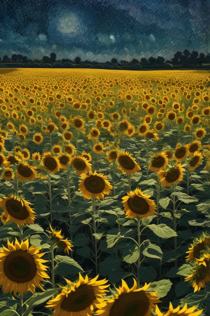 by van gogh, (Sunflower), Star orbits, night, intricate, (best quality, masterpiece, Representative work, official art, Professional, unity 8k wallpaper:1.3)