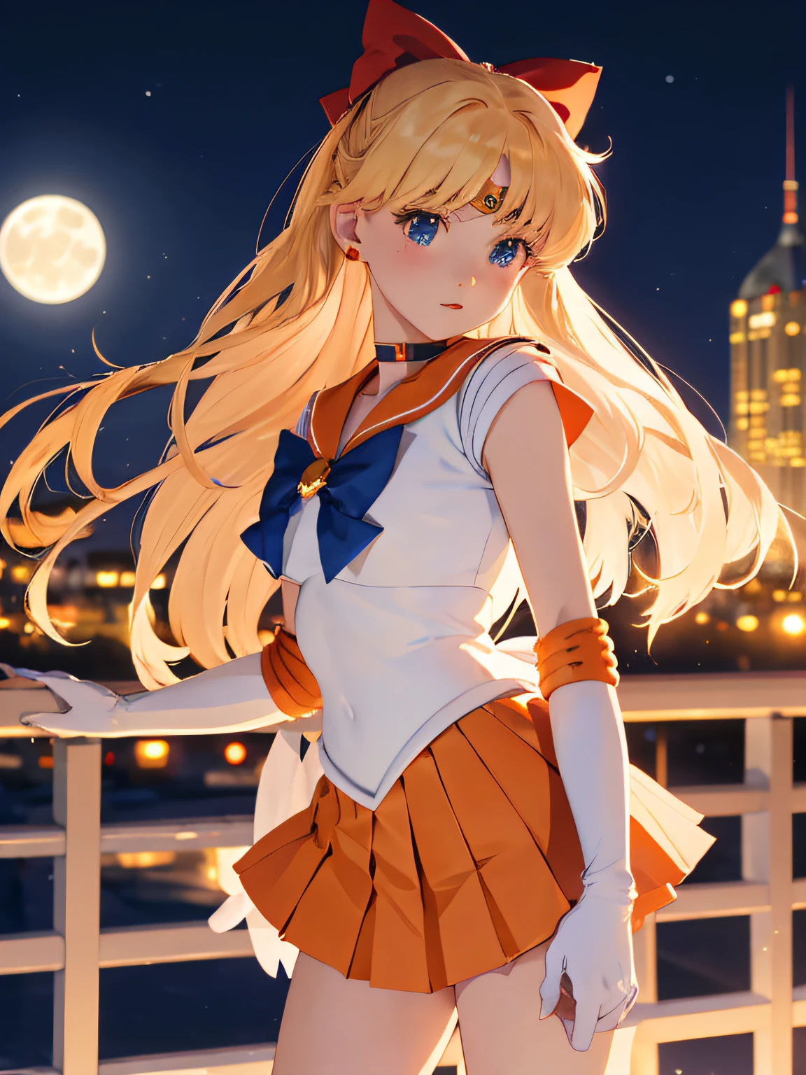 masterpiece, best quality, highres, sv1, sailor senshi uniform, orange skirt, elbow gloves, tiara, pleated skirt, miniskirt, red bow, orange choker, white gloves, jewelry, city, night, moon, cowboy shot, standing,